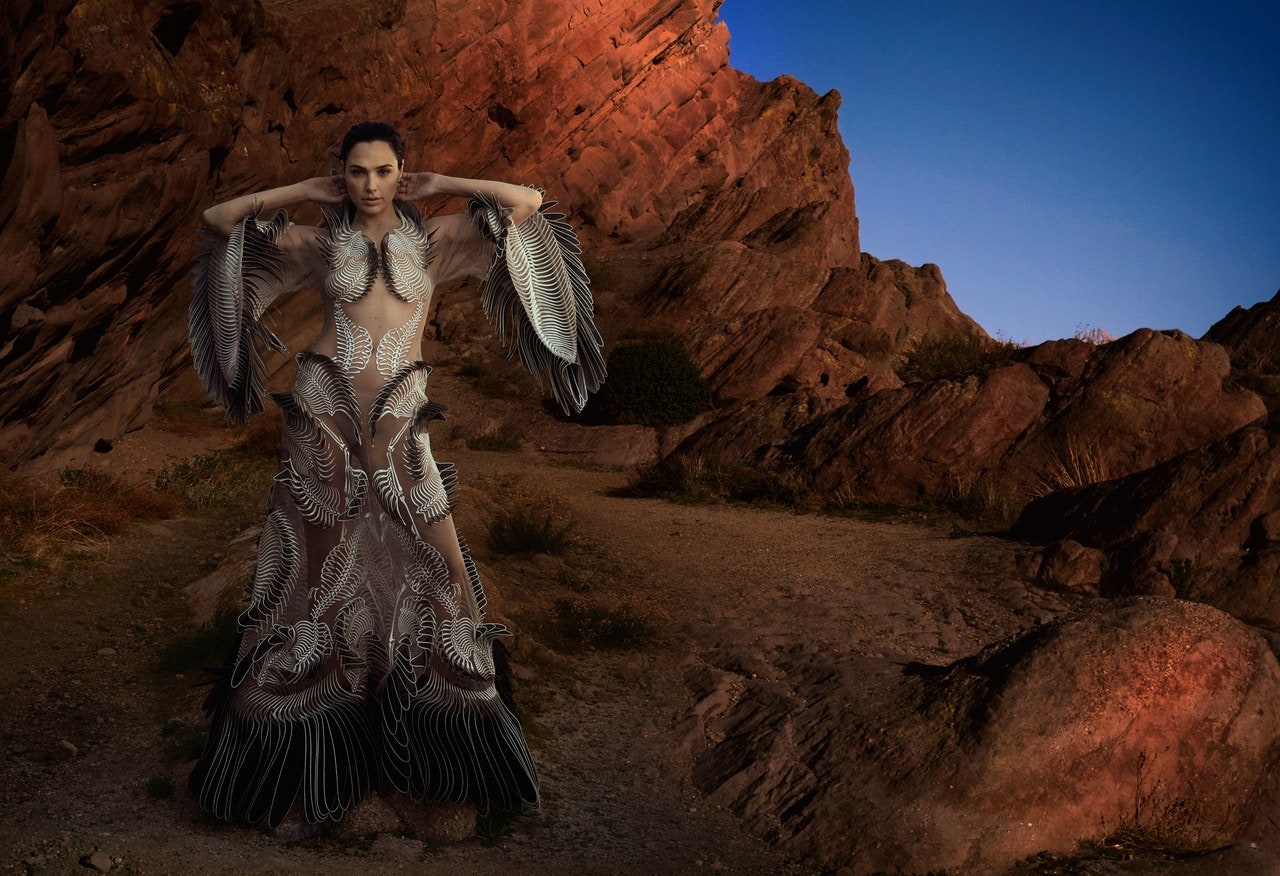 Gal Gadot in Vogue US wearing a sculptural Sensory Seas look