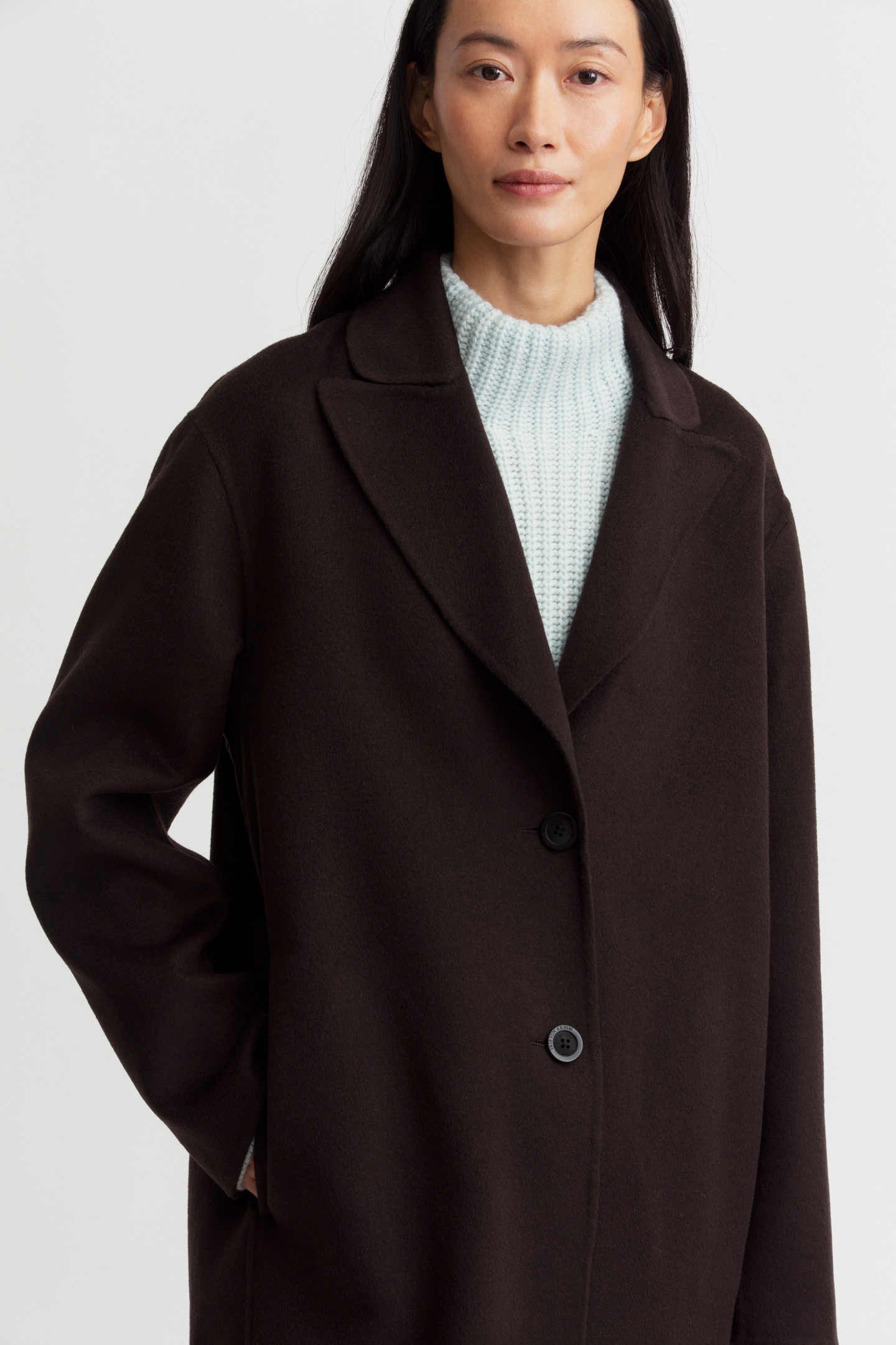 Close detail of the lapel and button line