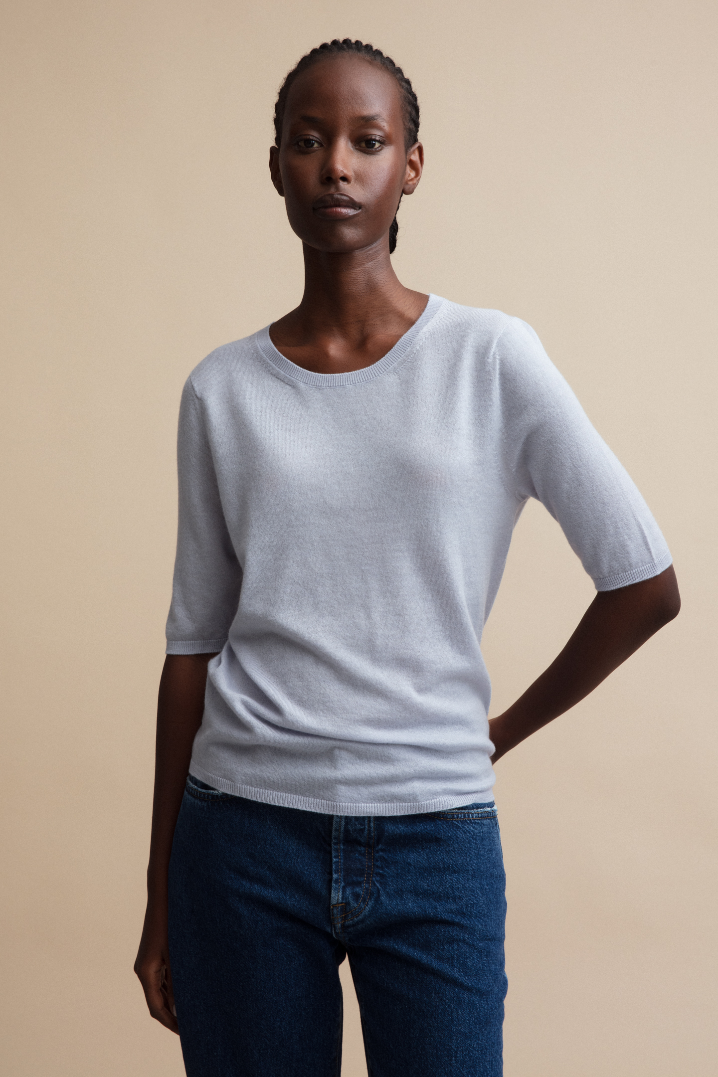 On-body shot showing the neat crew neckline