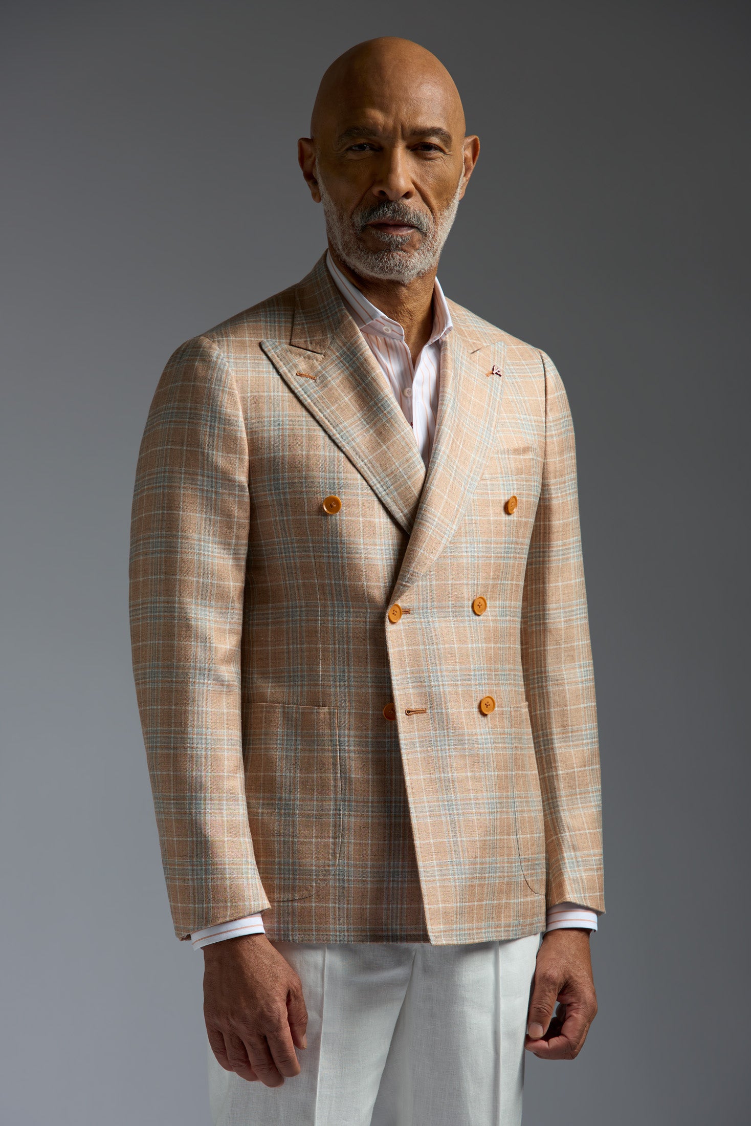 Wool Silk and Linen Overcheck Capri Double Breasted Blazer