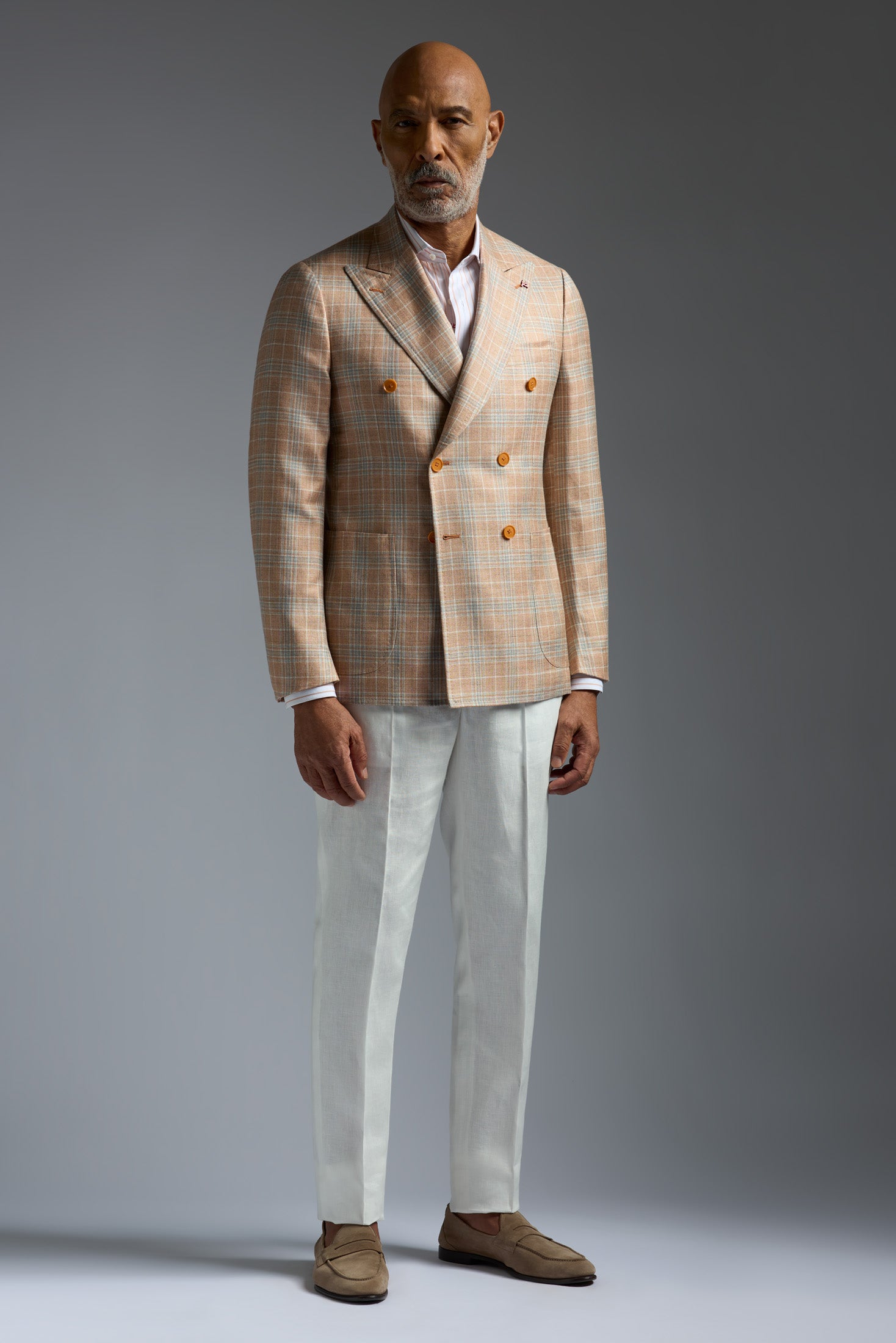 Wool Silk and Linen Overcheck Capri Double Breasted Blazer three-quarter angle