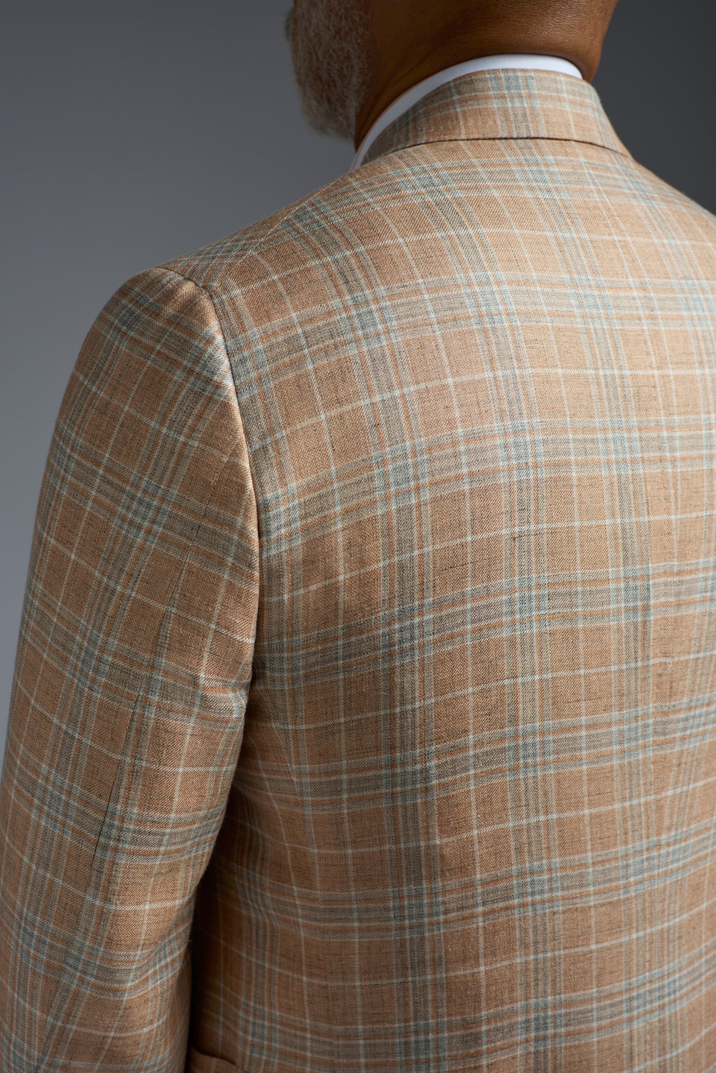 Wool Silk and Linen Overcheck Capri Double Breasted Blazer on-body styling