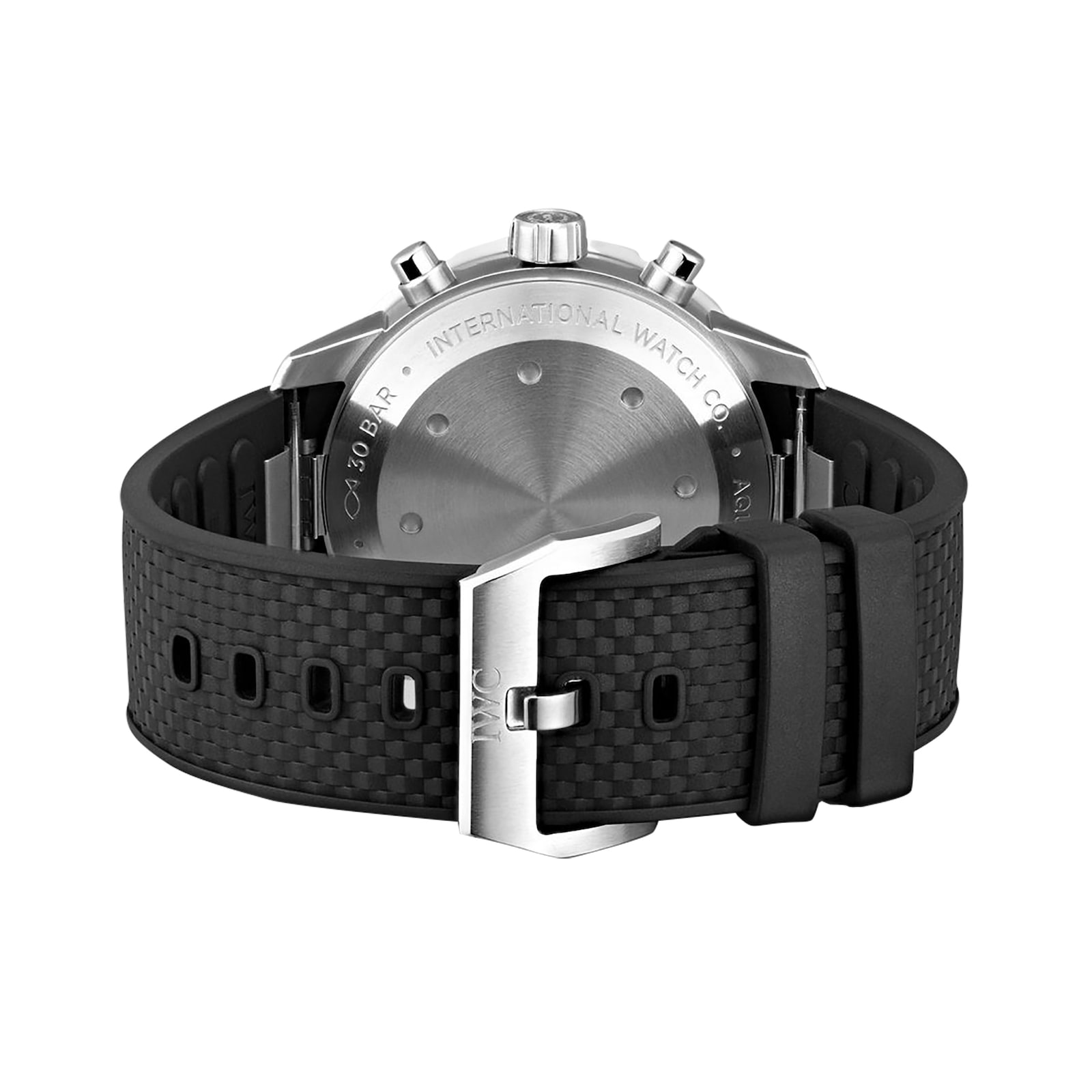 Rear three-quarter view highlighting the rubber strap and buckle