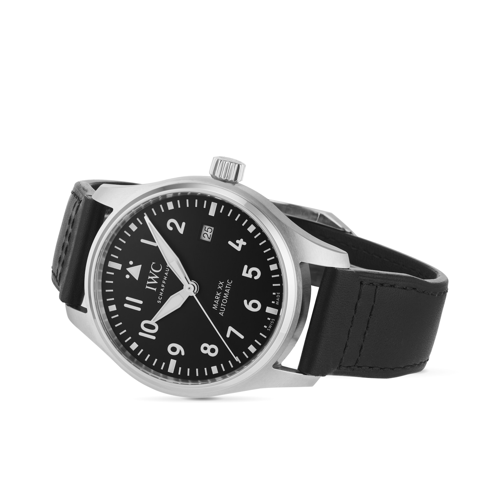 Oblique angle showing the clean bezel and tapered lug profile