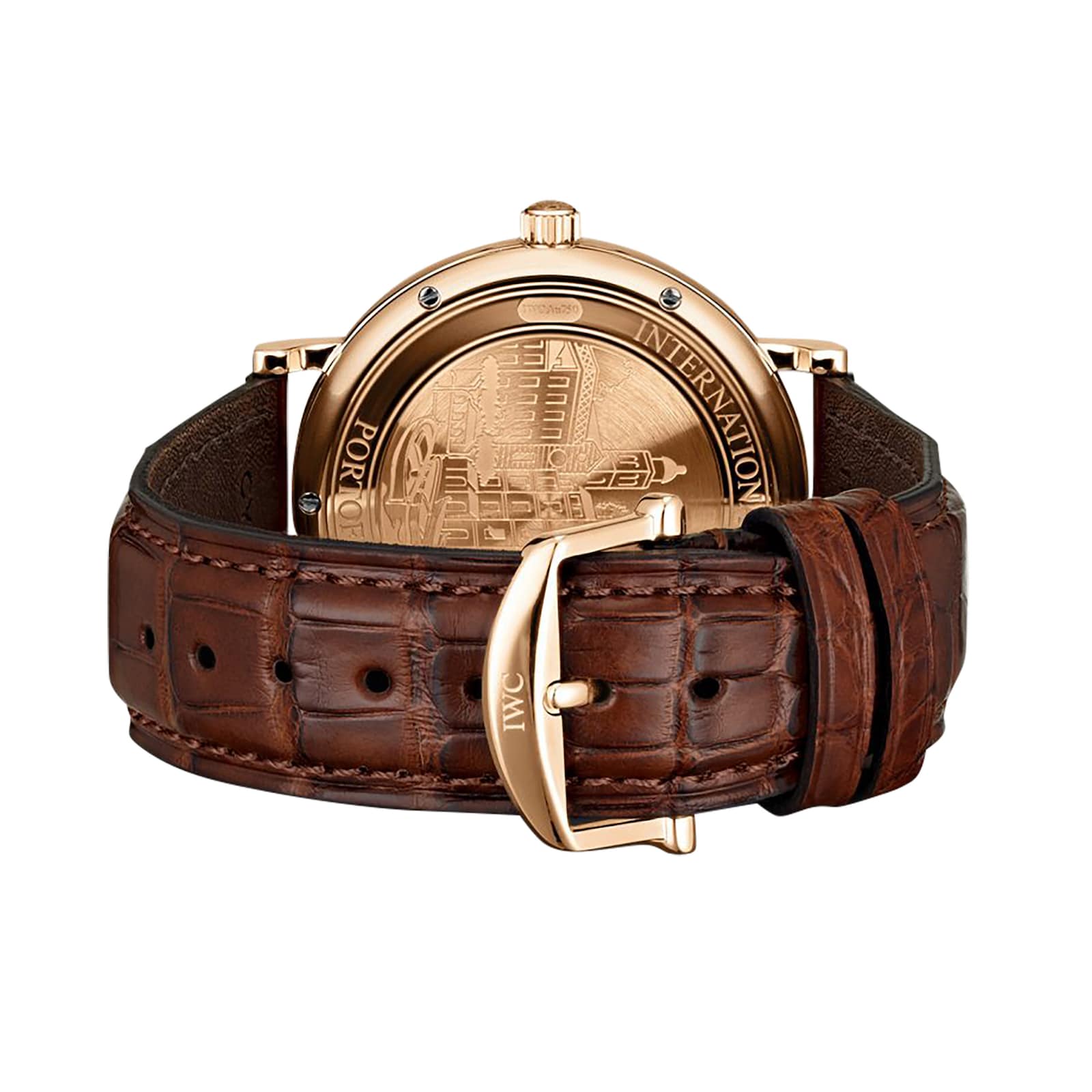 Rear strap view with the warm gold case profile