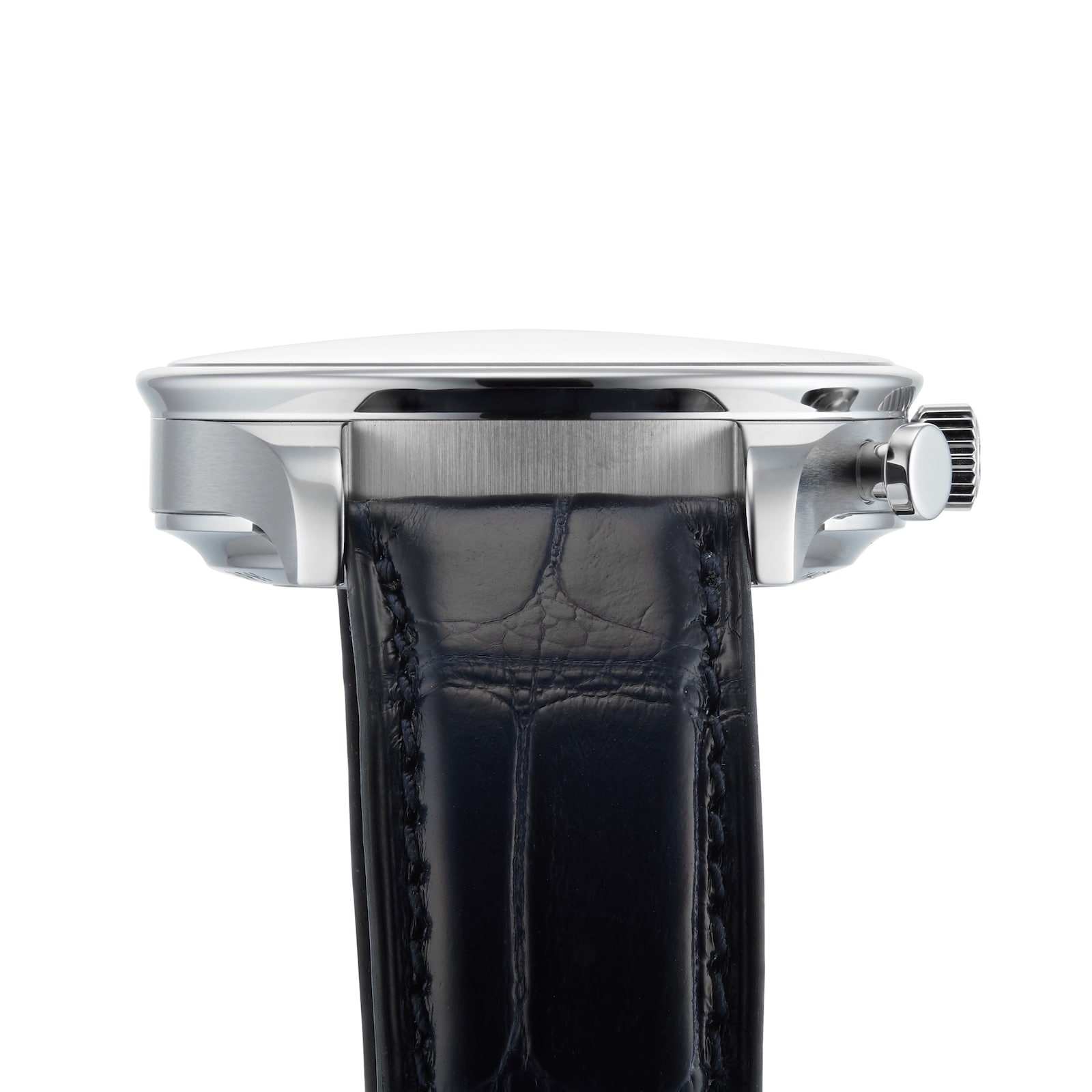 Side profile emphasizing the thin mid-case and strap integration