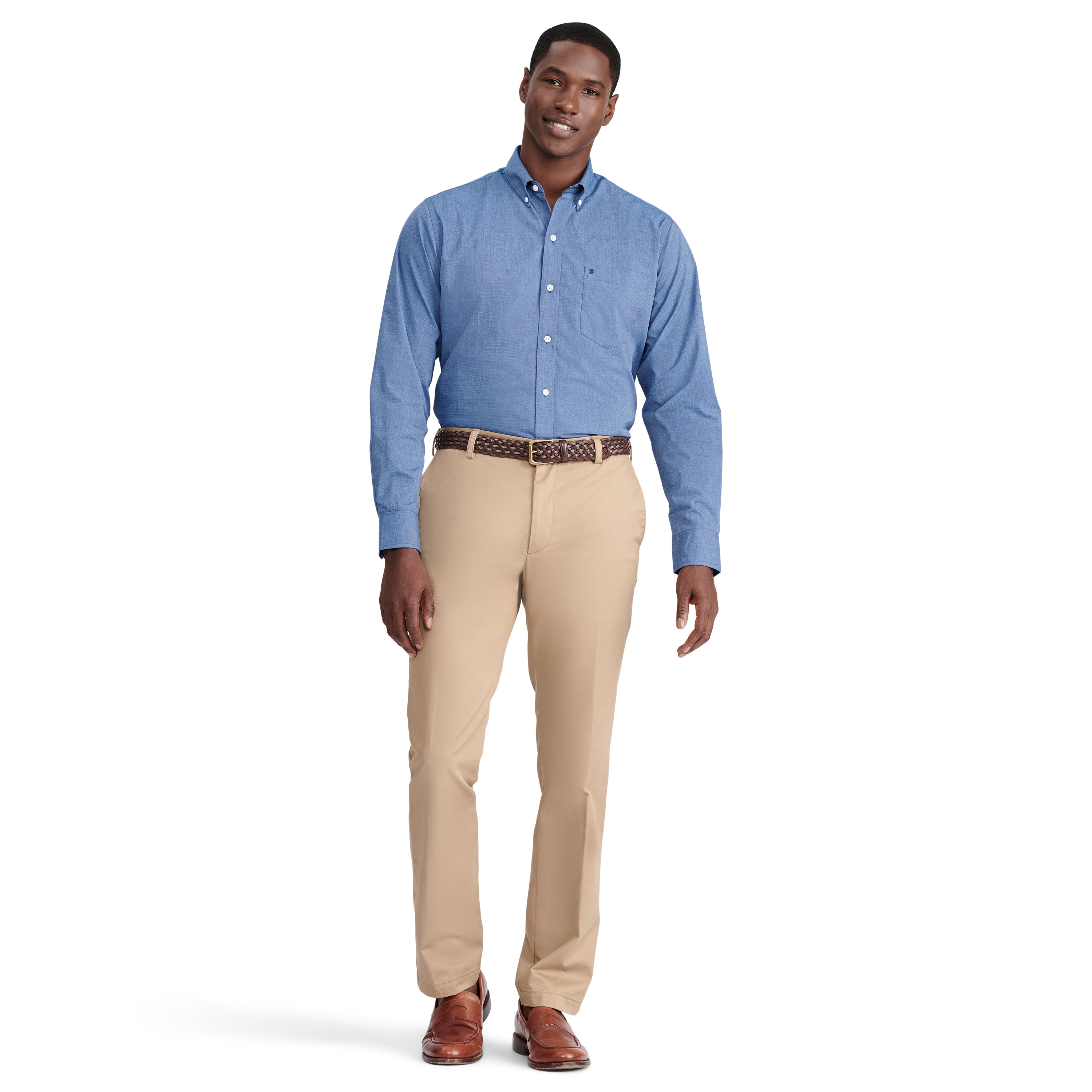 Full look with a blue button-down
