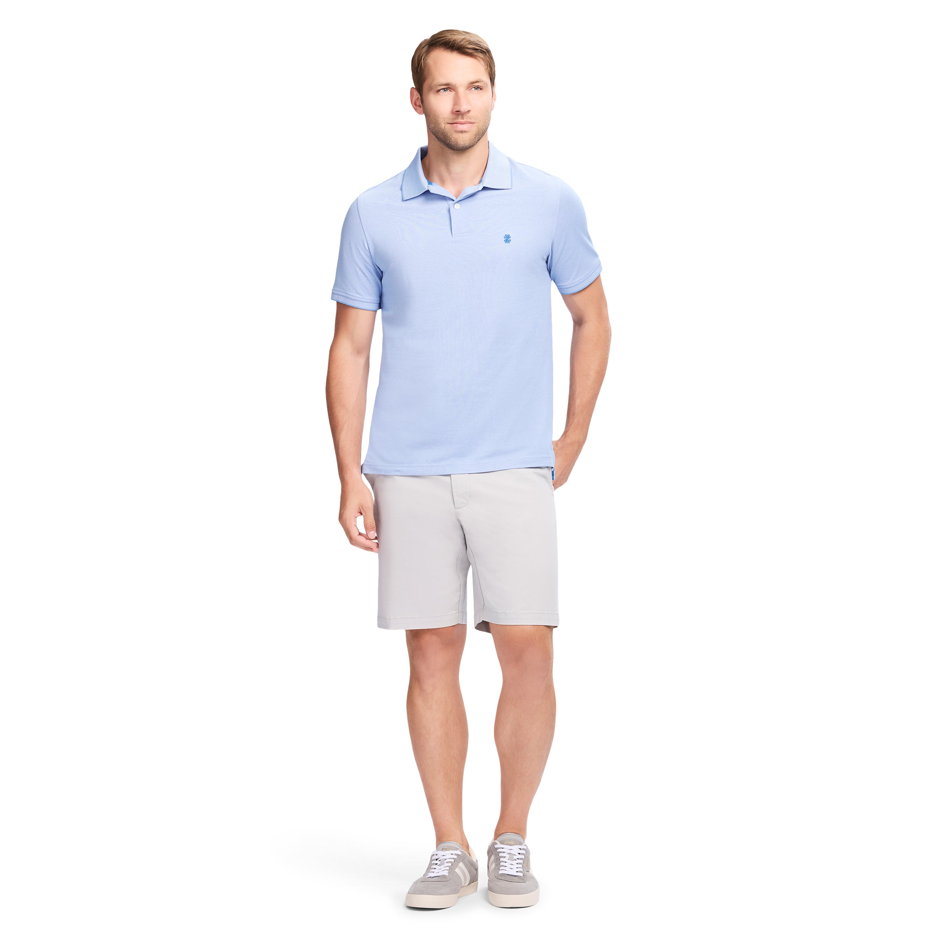 Full look with a pale blue polo