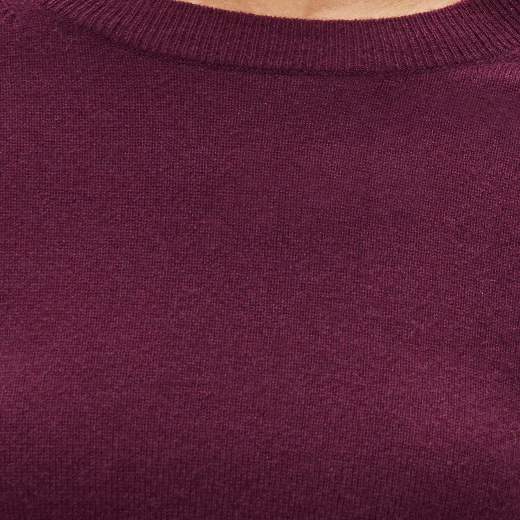 Close crop showing the fine-gauge knit and neat crew neckline