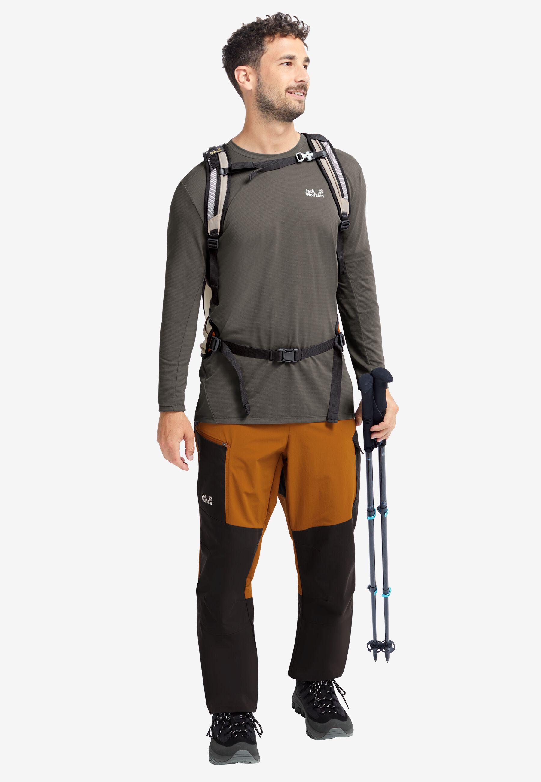 Full-body hiking look with poles and pack
