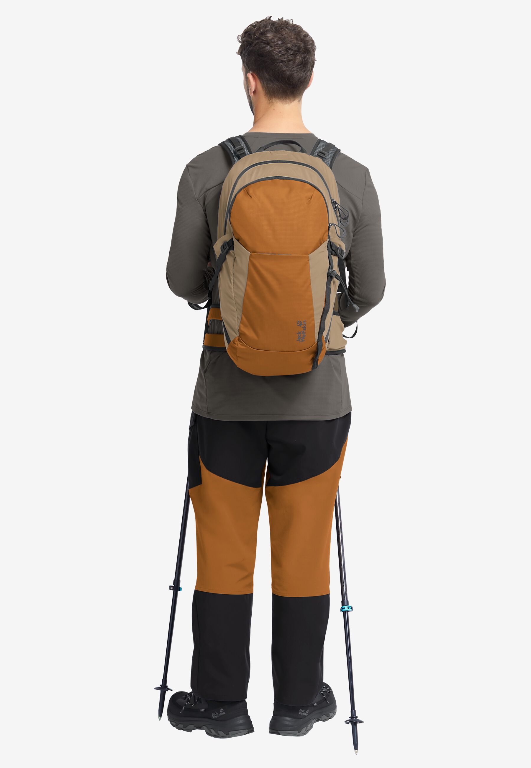 Rear full-body hiking view with poles