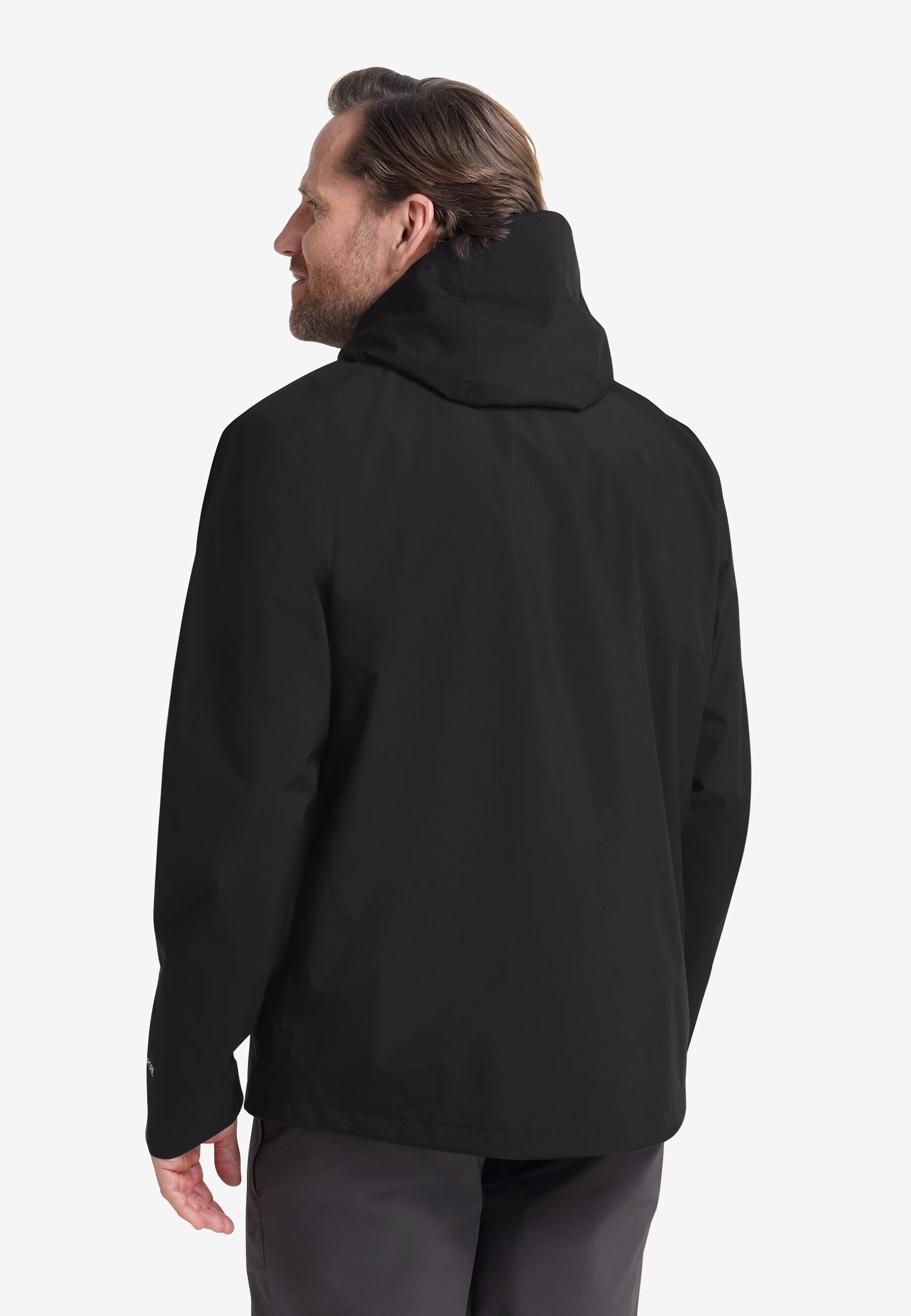 Back view of the outer shell with hood up