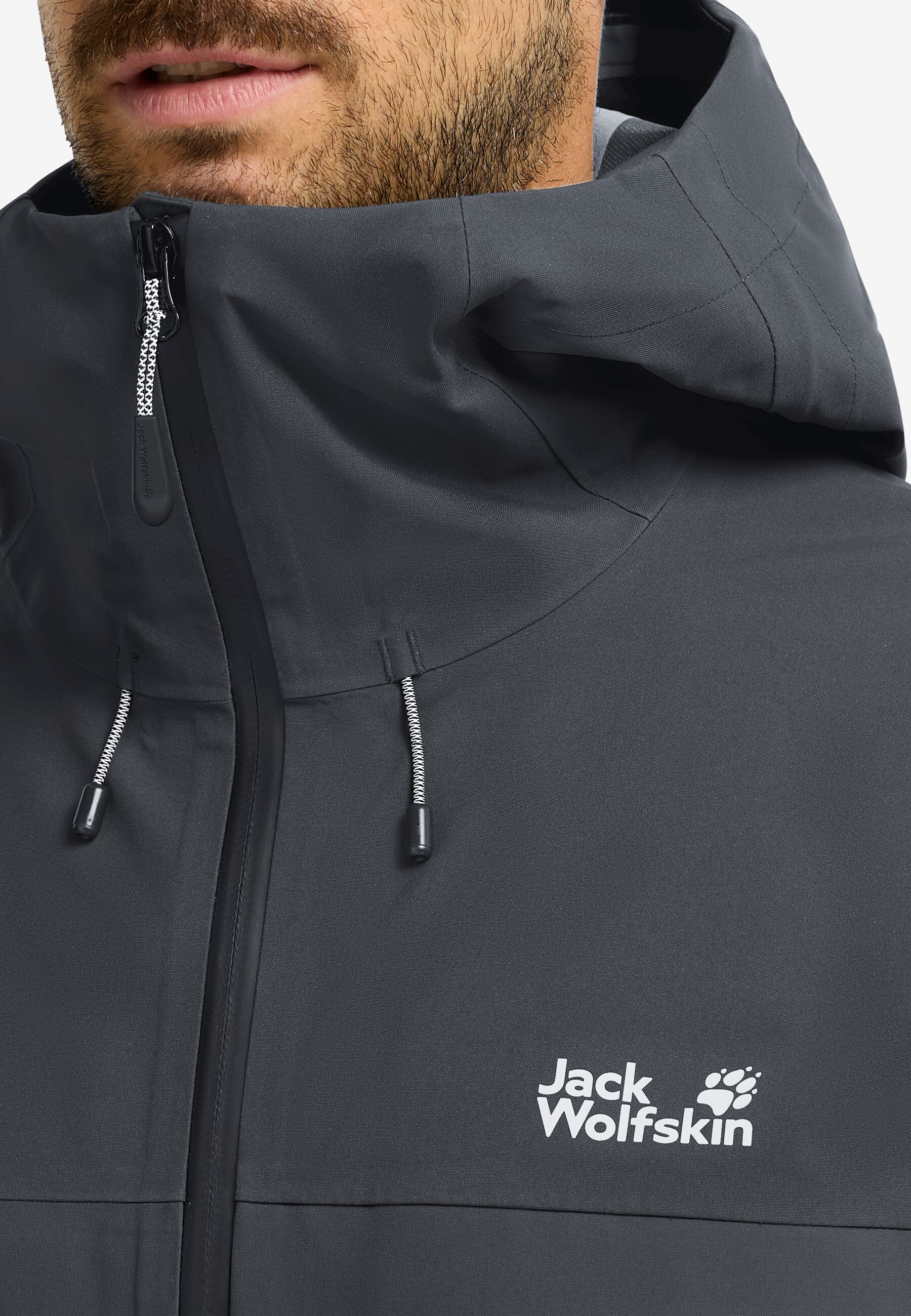 Hood and front zip close-up on the weatherproof face fabric
