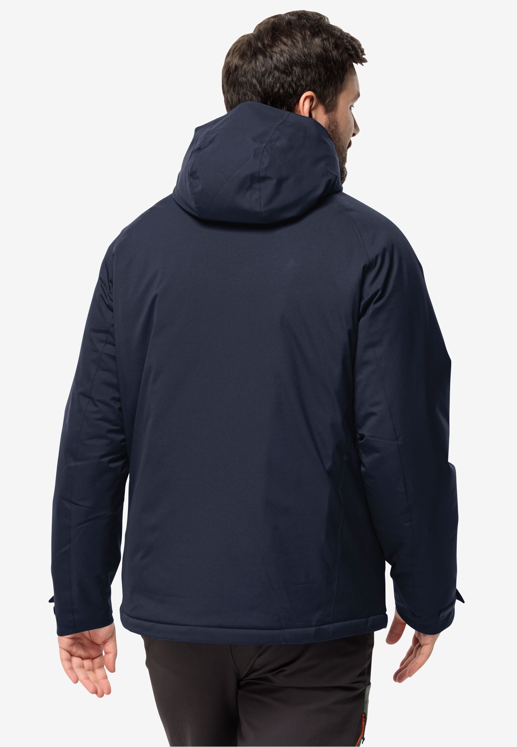 Rear view showing the full hooded winter silhouette