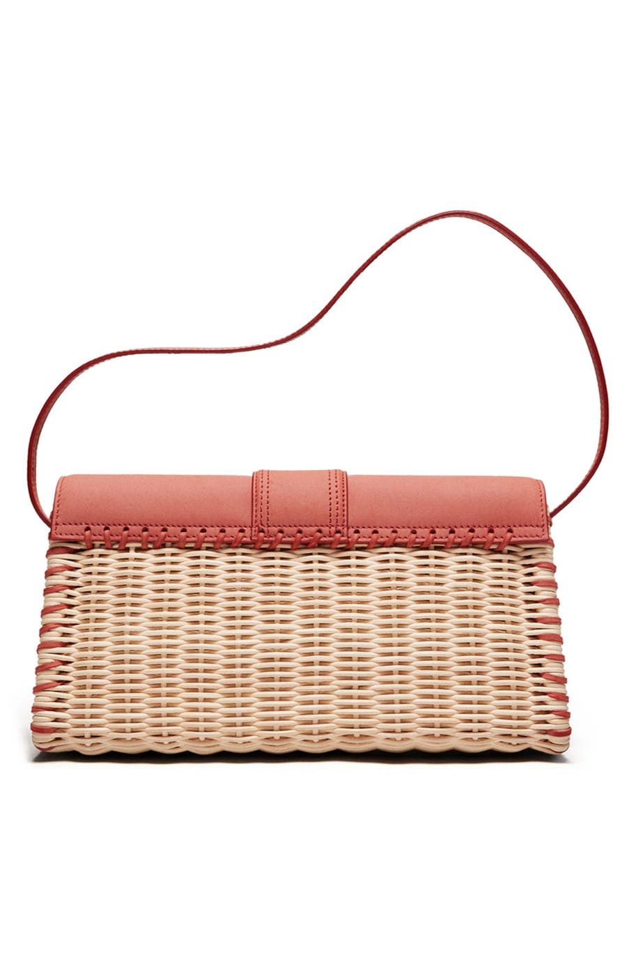 Back view of the woven straw body and crossbody strap
