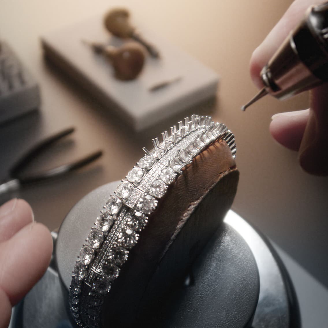 Close-up of the diamond-set bracelet work