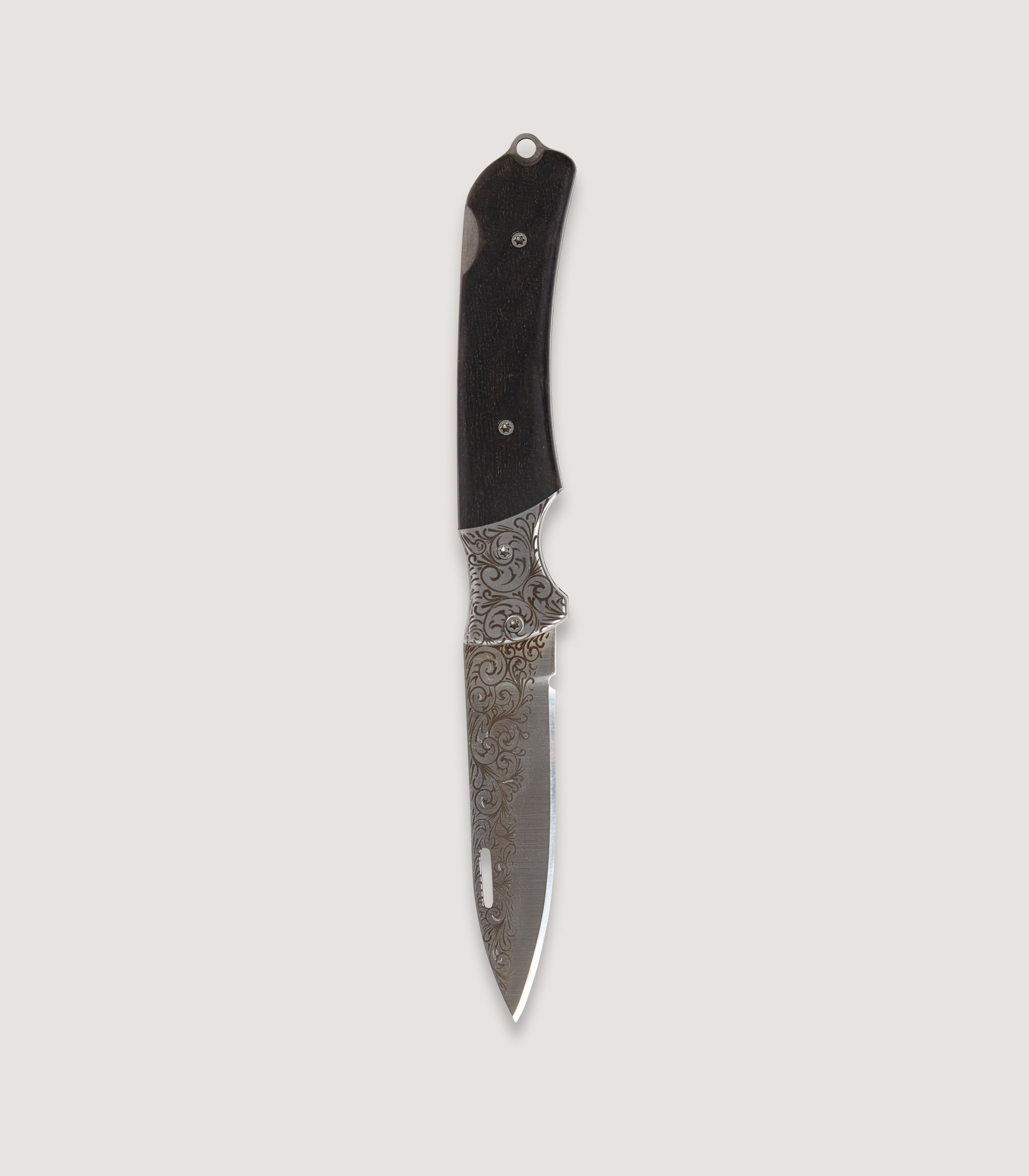 Open profile of the engraved blade and dark handle