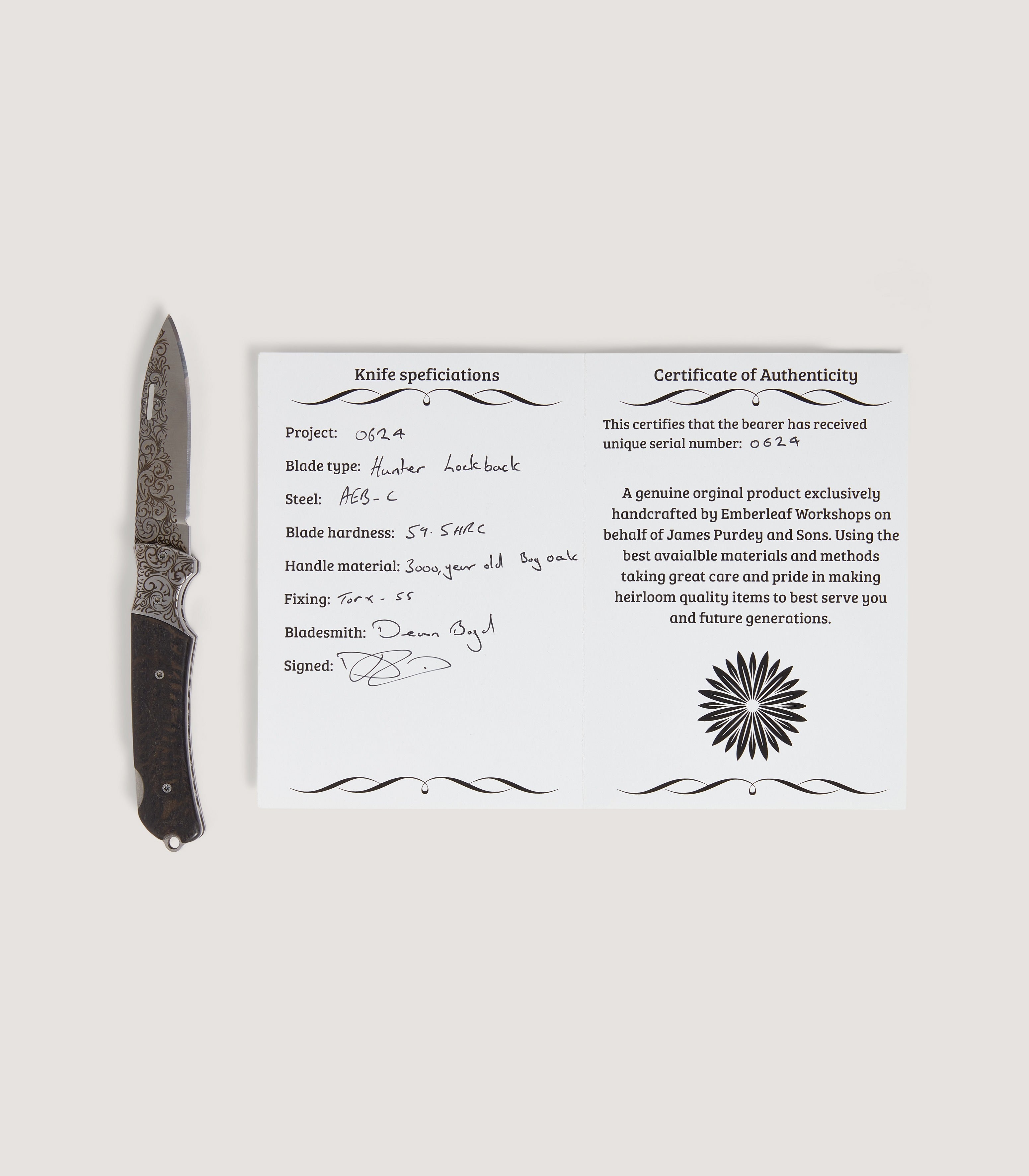 Knife shown with its certificate and full layout