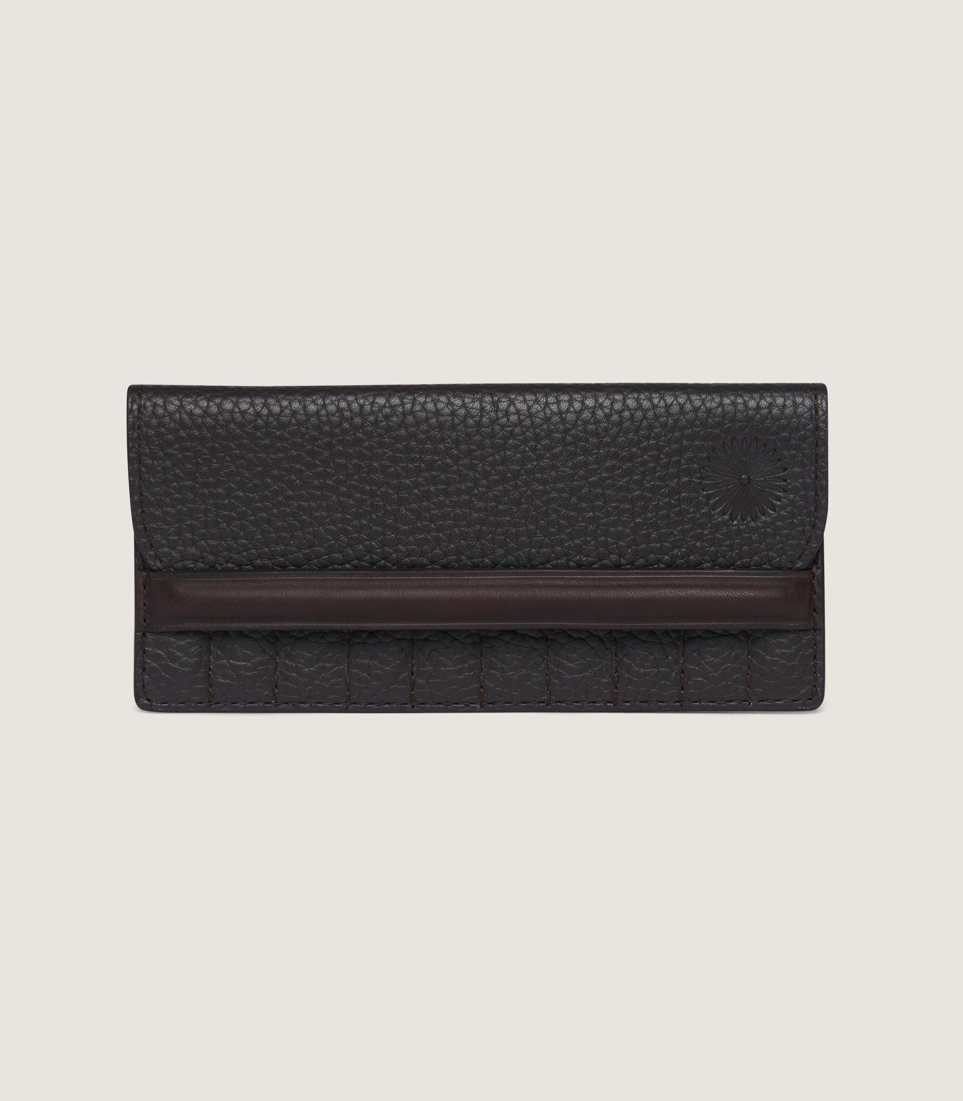 Closed wallet view with the featherburst emboss