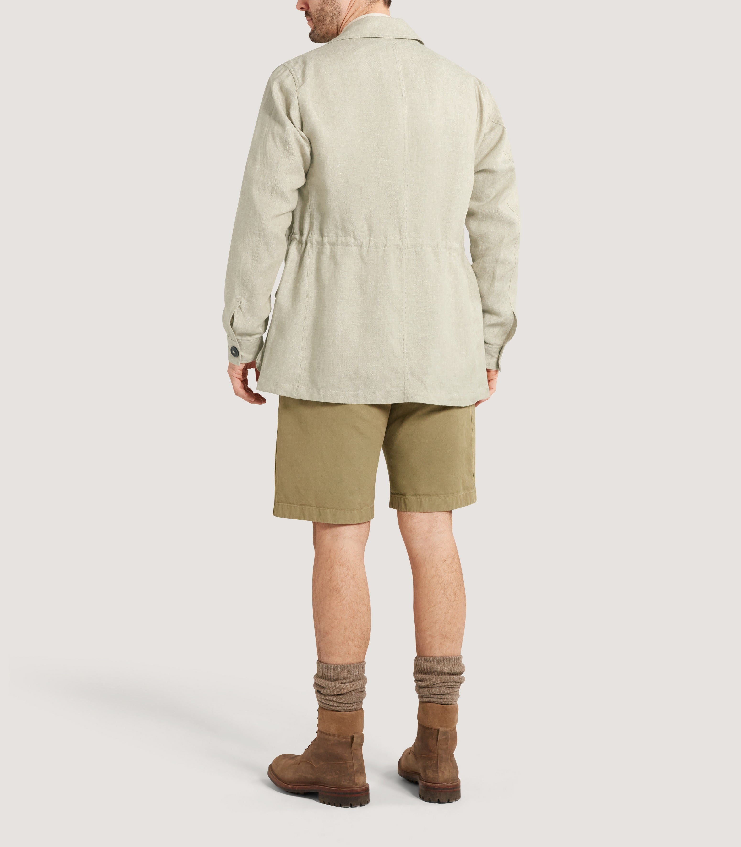 Rear modelled view of the lightweight linen silhouette