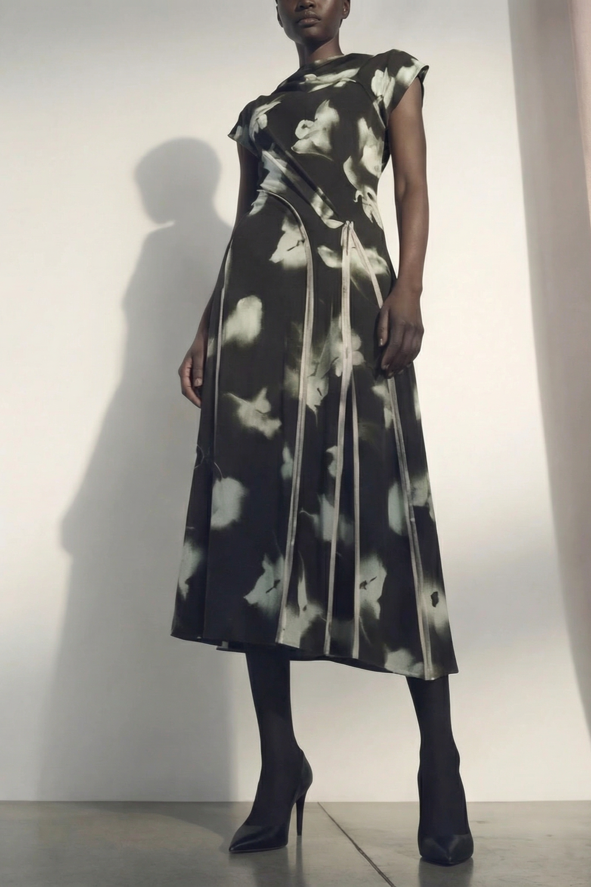 Blurred Floral Draped Jersey Dress