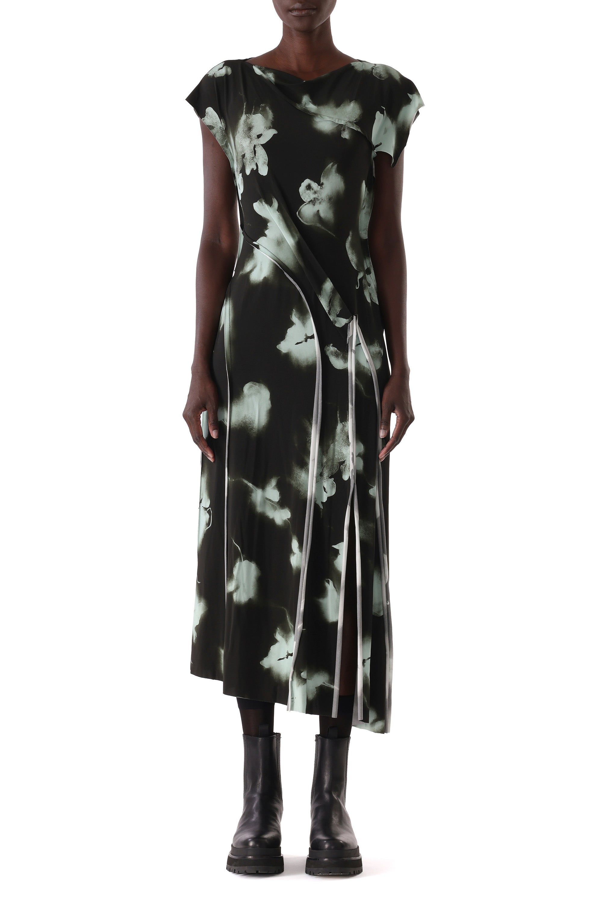 Front view of the draped jersey silhouette