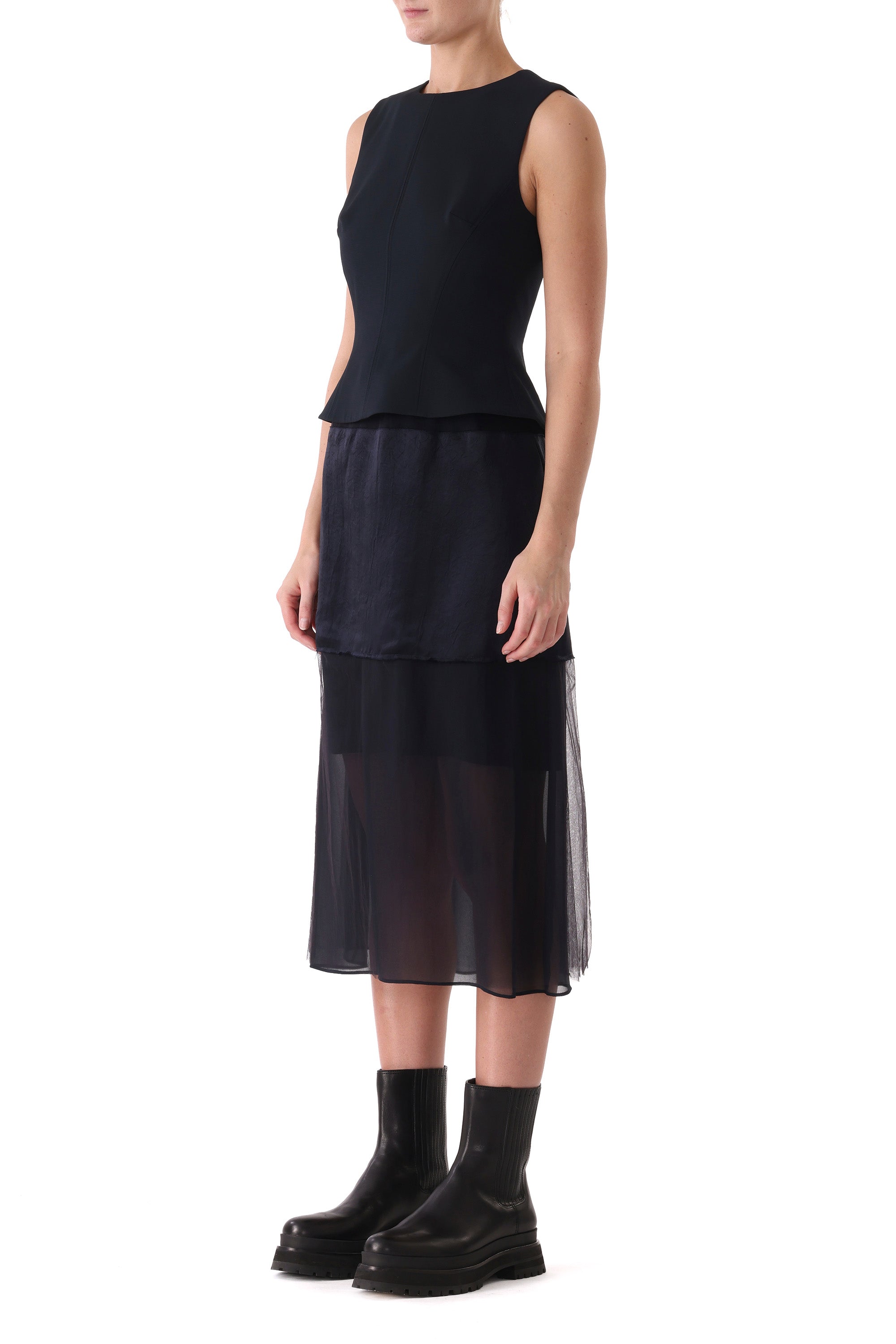Front view of the fitted bodice and fluid skirt