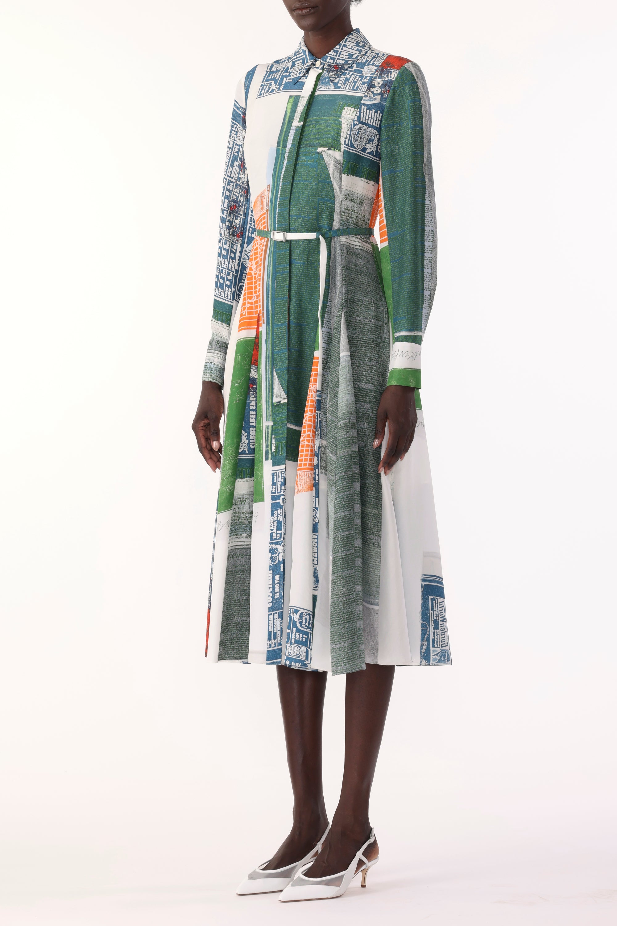 Profile view showing the fluid silk drape