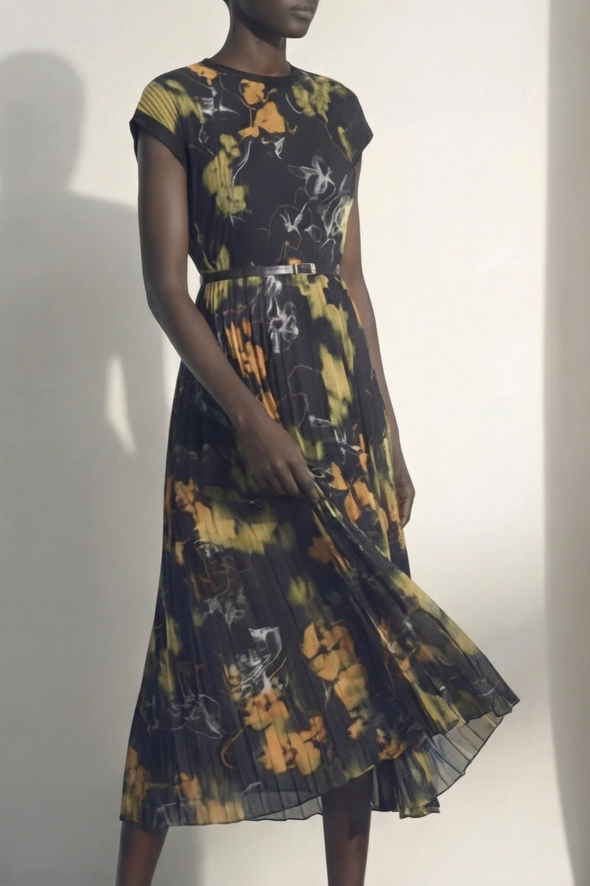 Shadow Floral Crepe Chiffon Pleated Midi Dress
