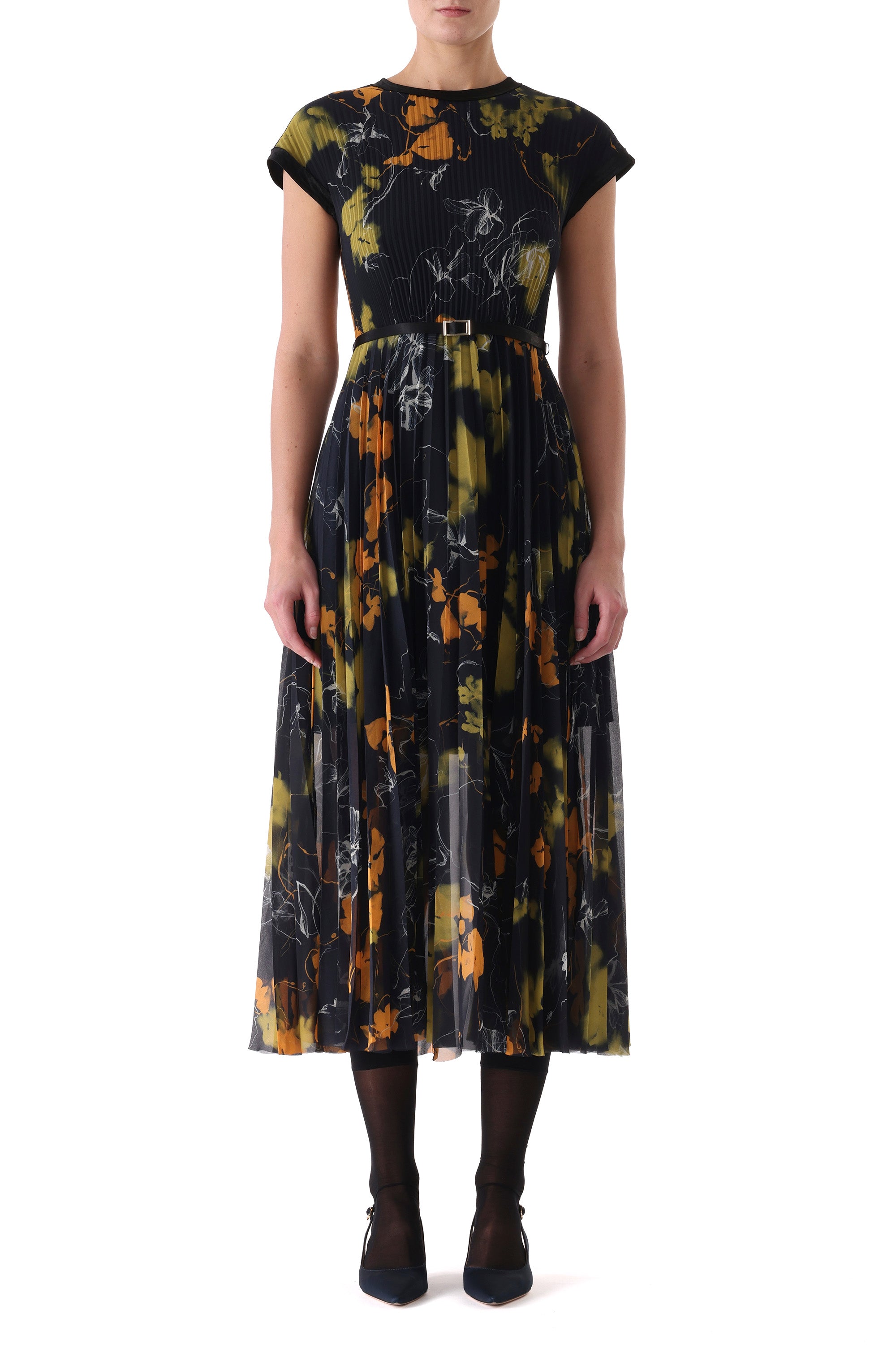 Front view of the fitted bodice and pleated skirt