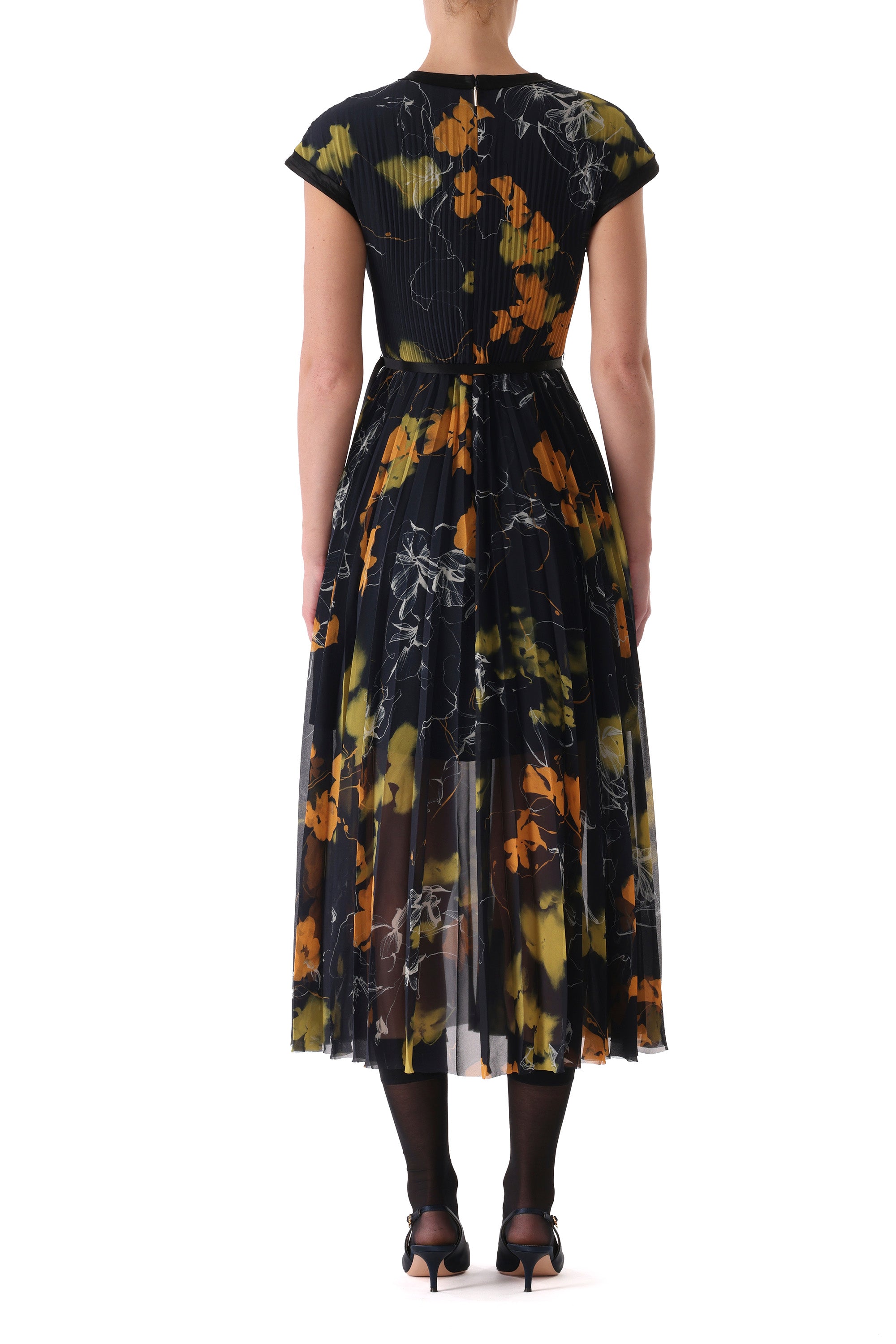 Back view of the navy chiffon silhouette