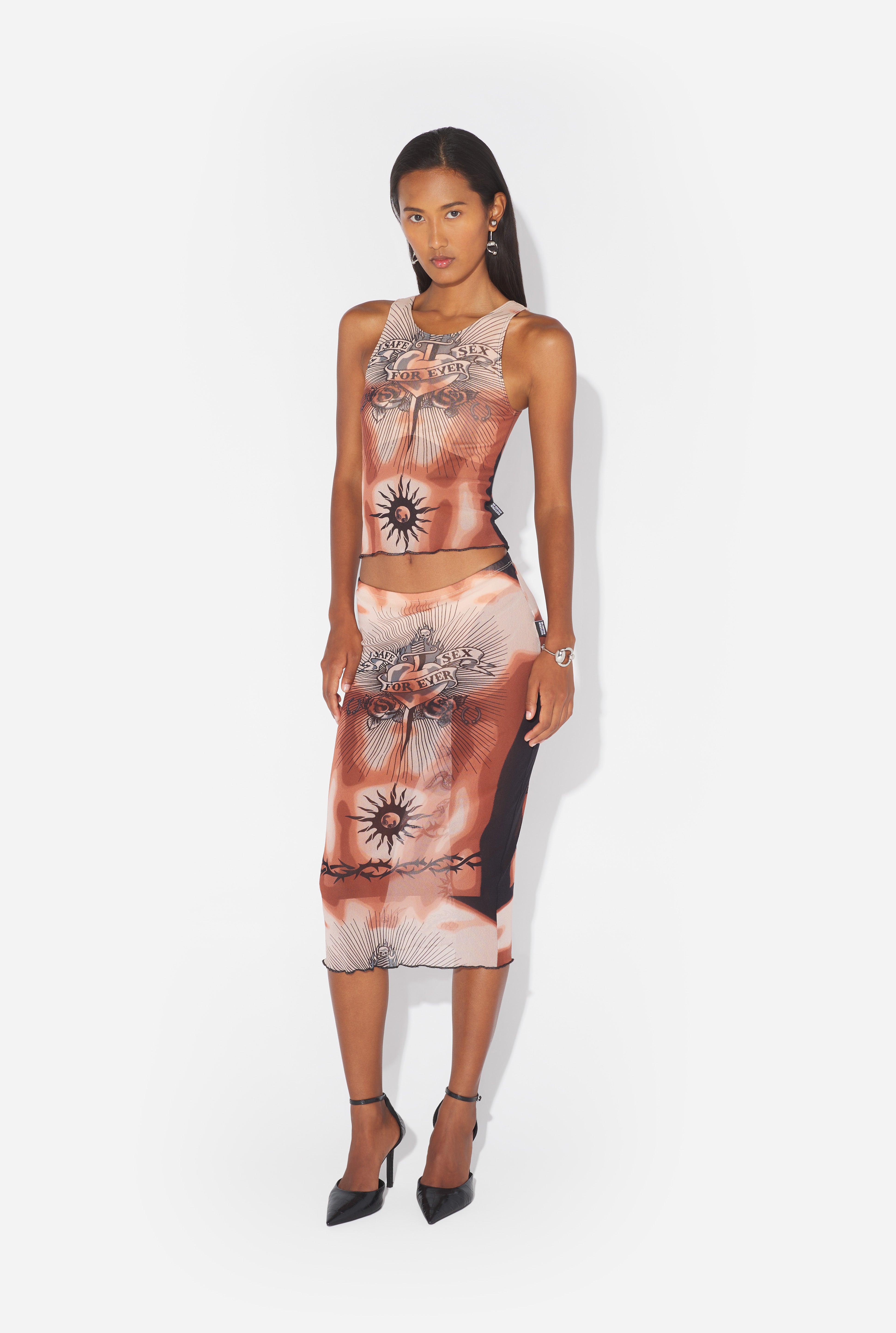 Styled front view with the matching printed skirt
