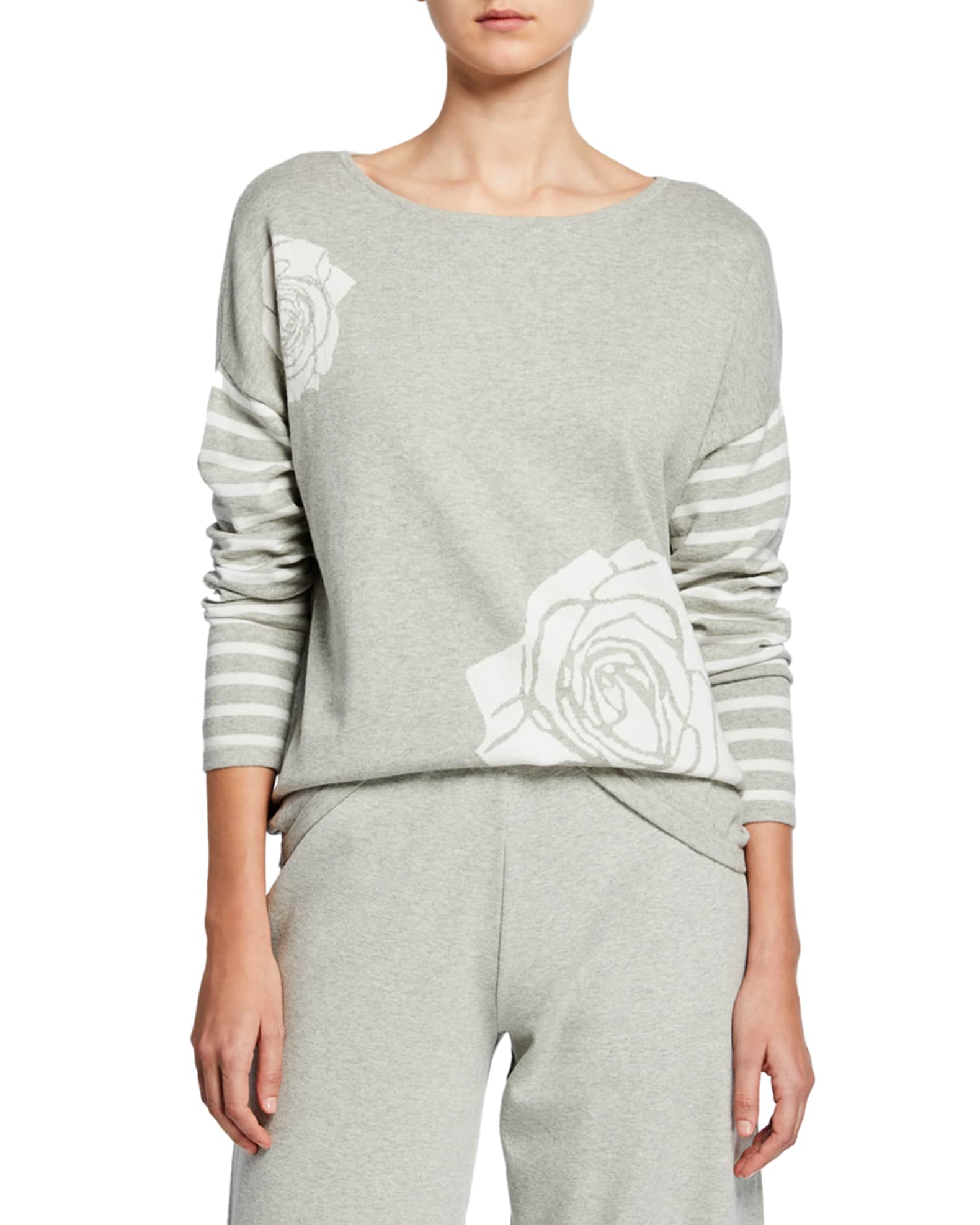 Boat-neck floral intarsia with striped sleeves