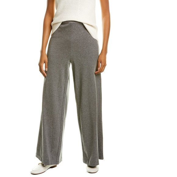 Grey wide-leg knit trouser with a similarly relaxed fall
