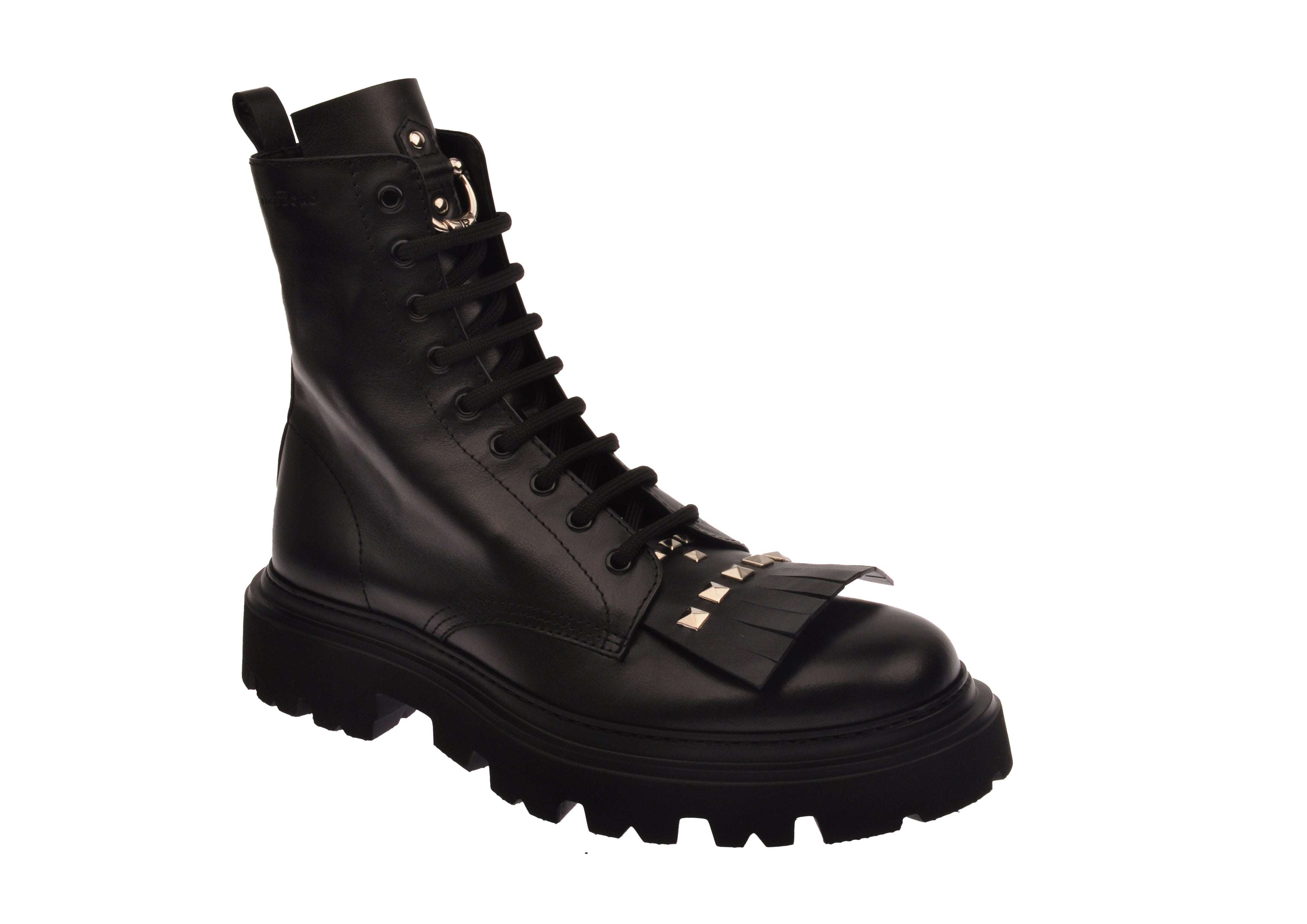 Leather Combat Boots with Fringe Detail and Studs