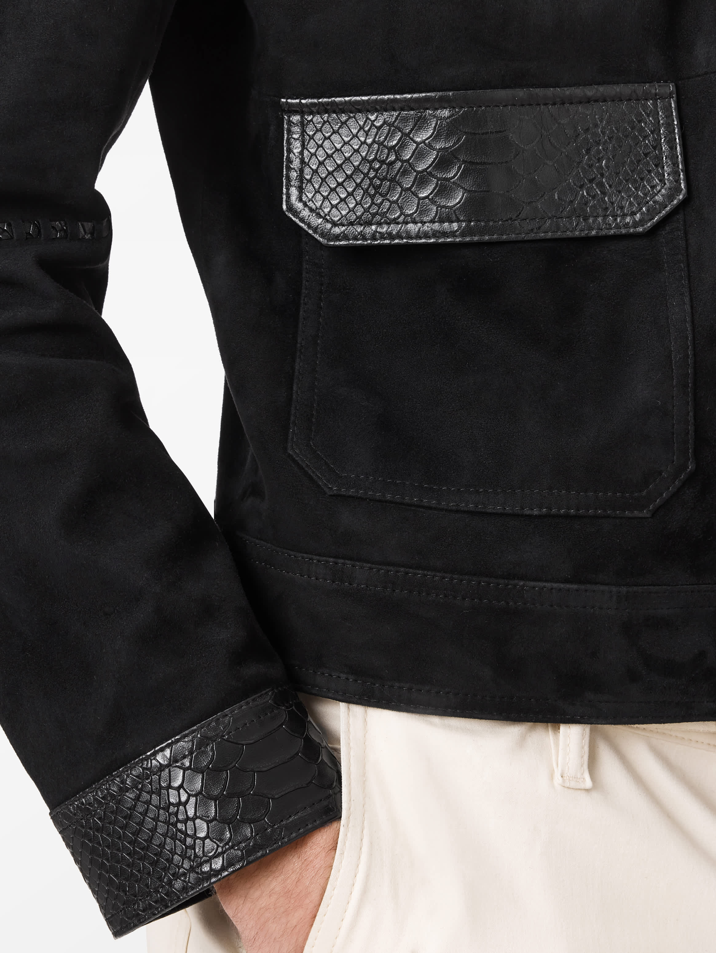 Detail of the embossed pocket flap and cuff trim