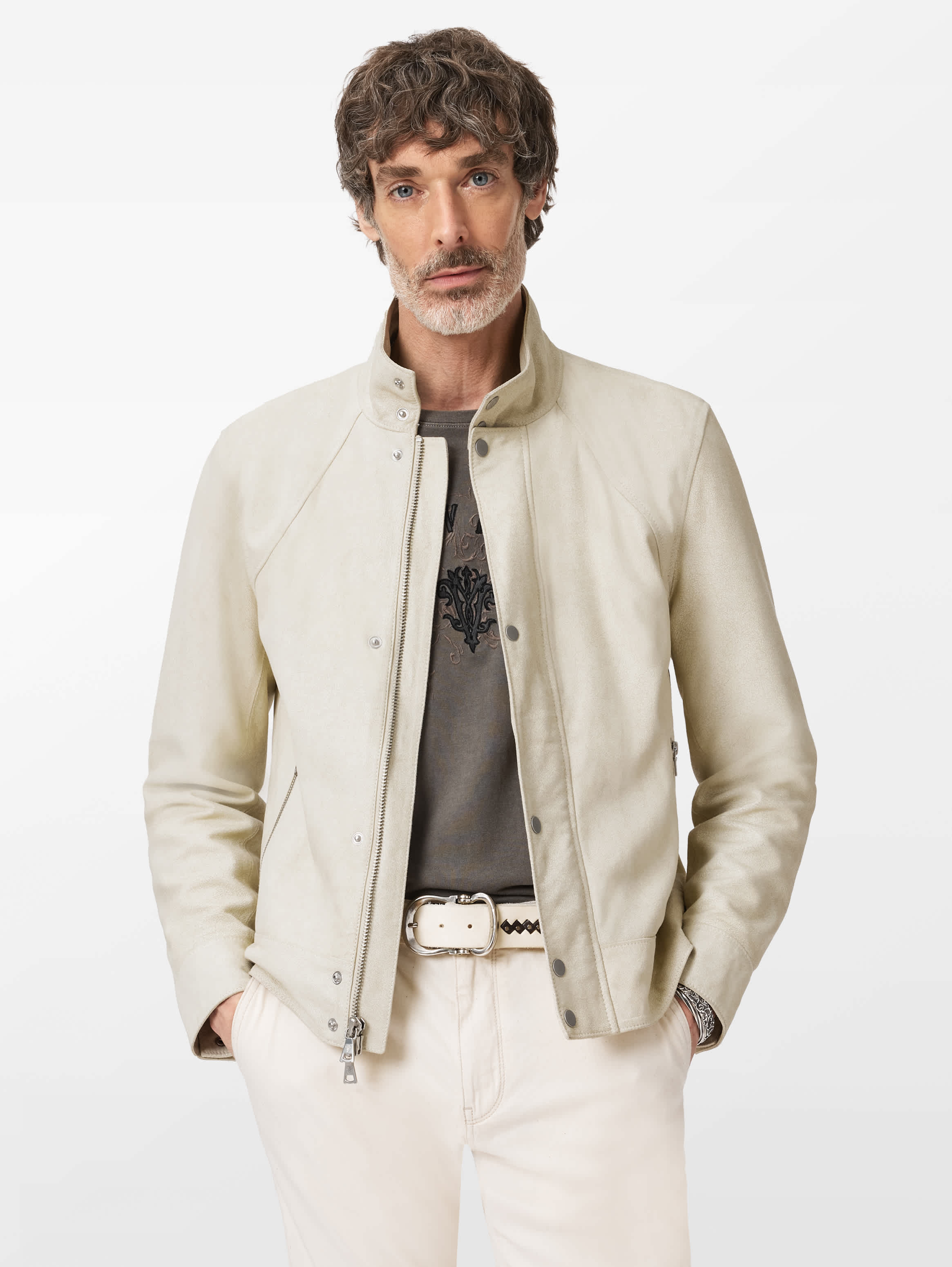 Look image showing the jacket open over tonal separates