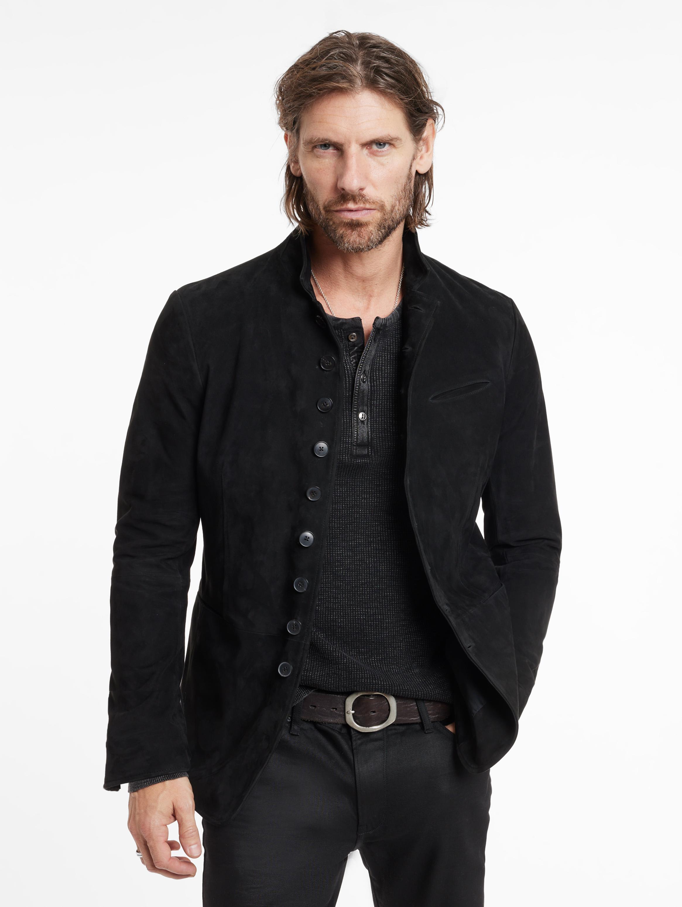Worn look showing the jacket layered over an all-black base