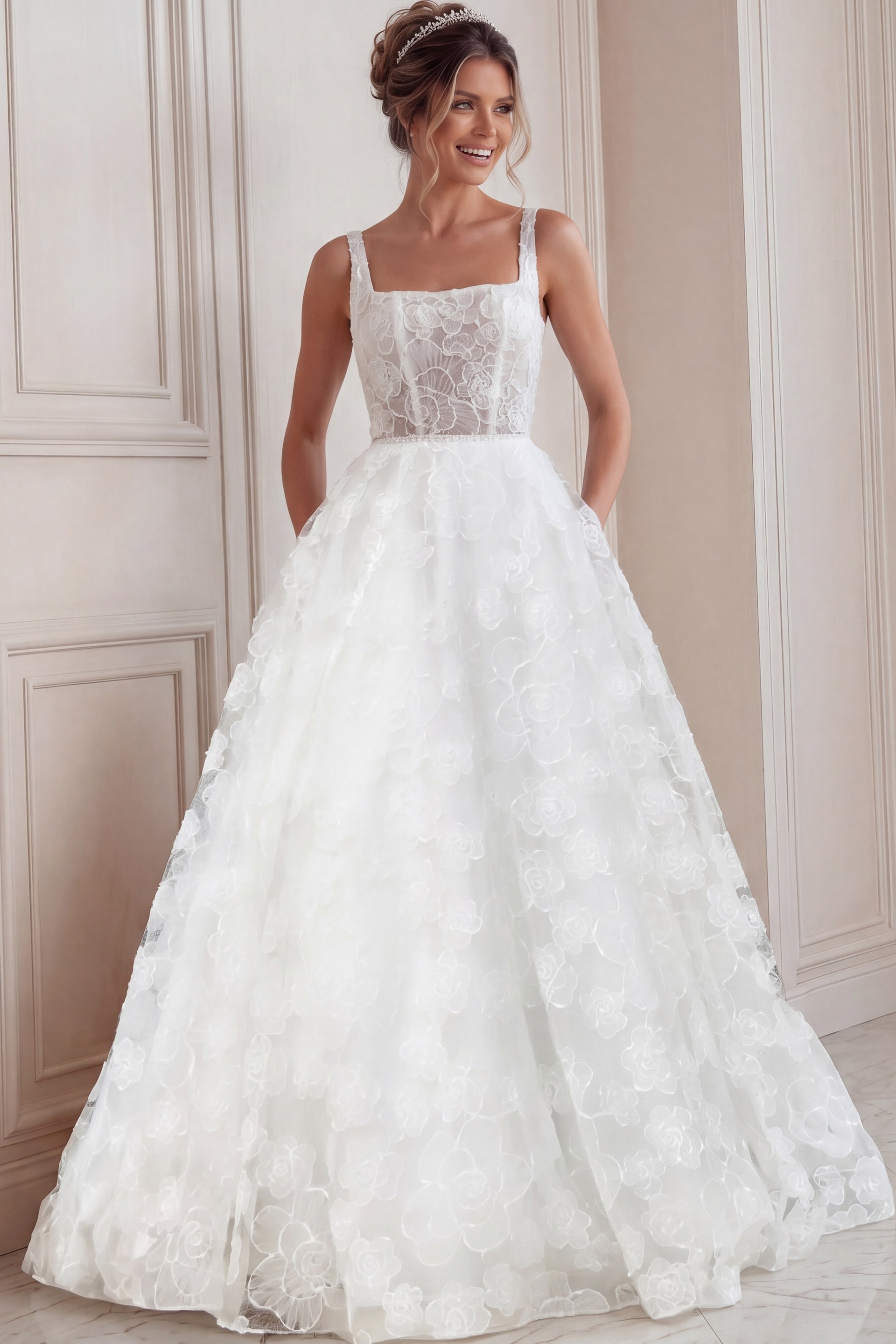 Square Neck Lace Ballgown with Floral Appliqué JB45834