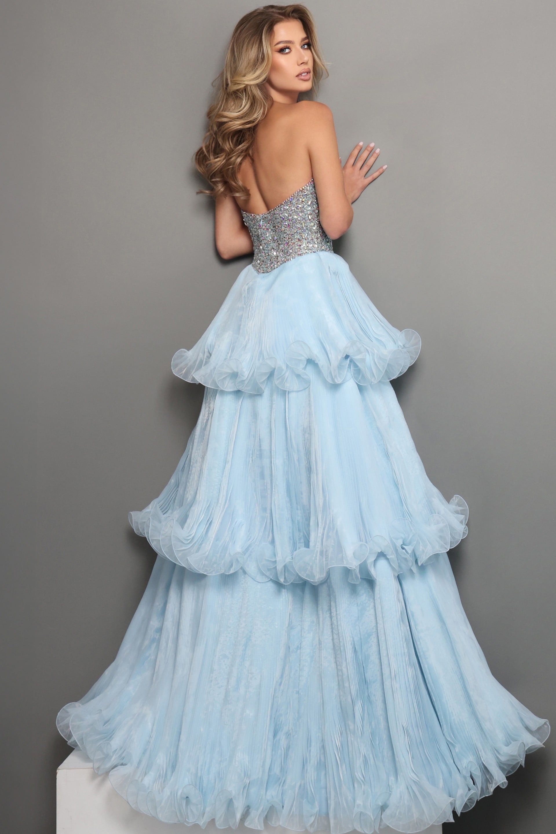 tiered chiffon ball gown with beaded bodice