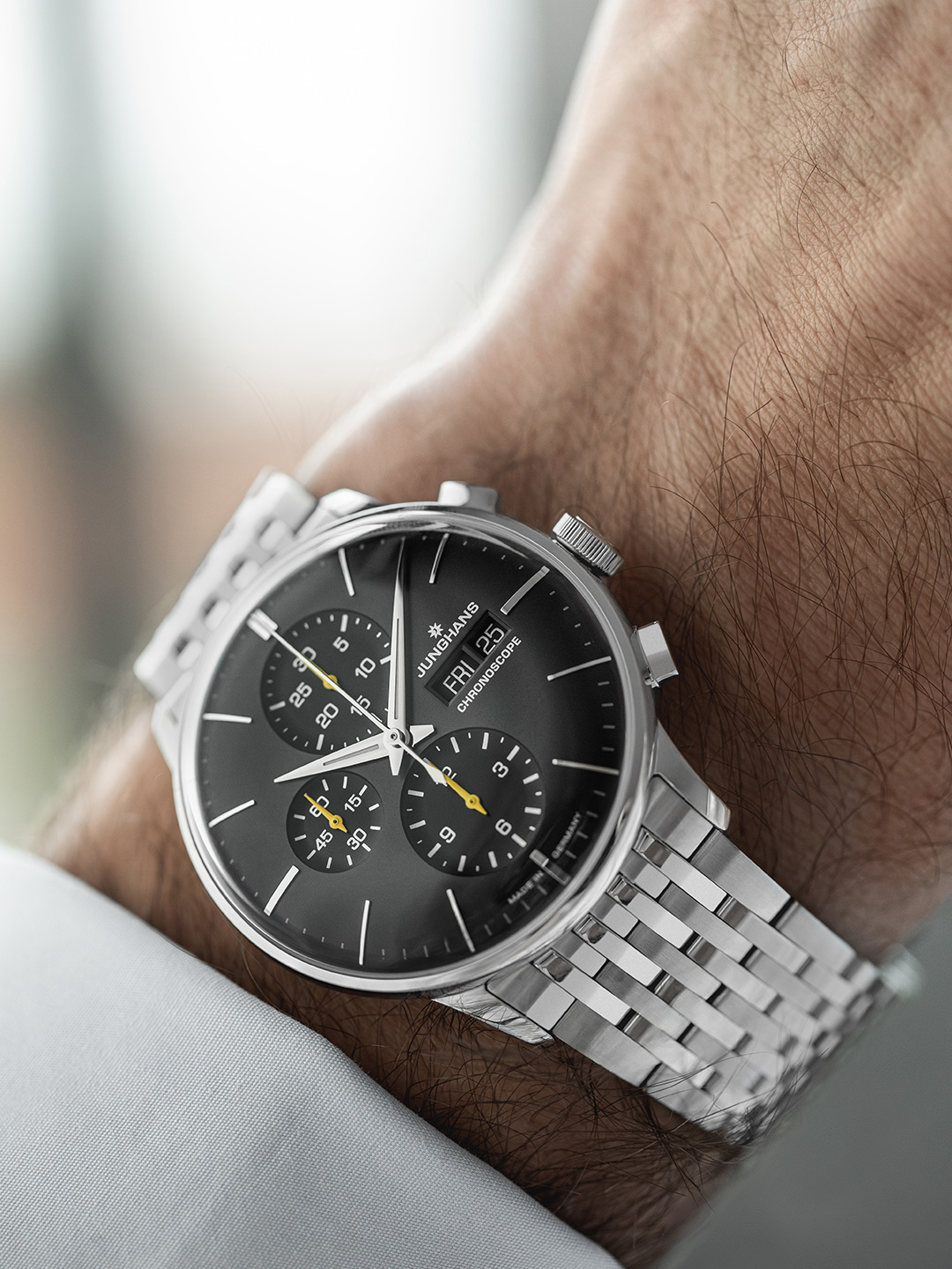 On-wrist view of the polished case and bracelet