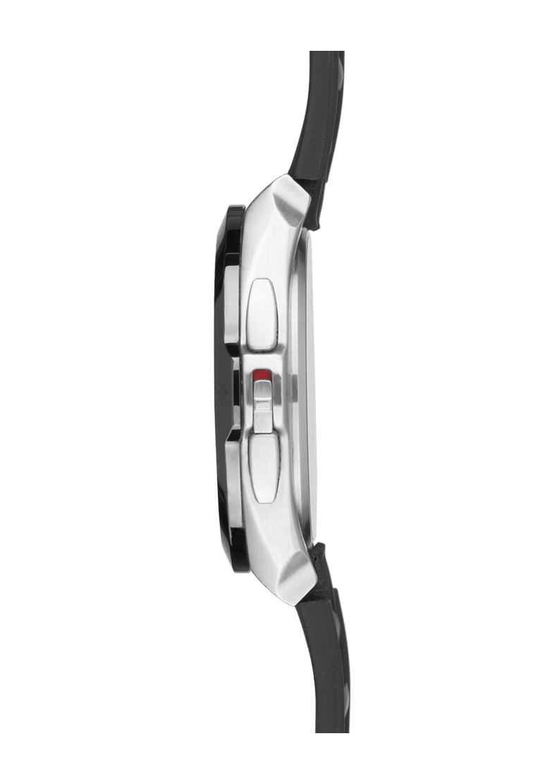 Side profile of the steel-and-ceramic case on rubber strap
