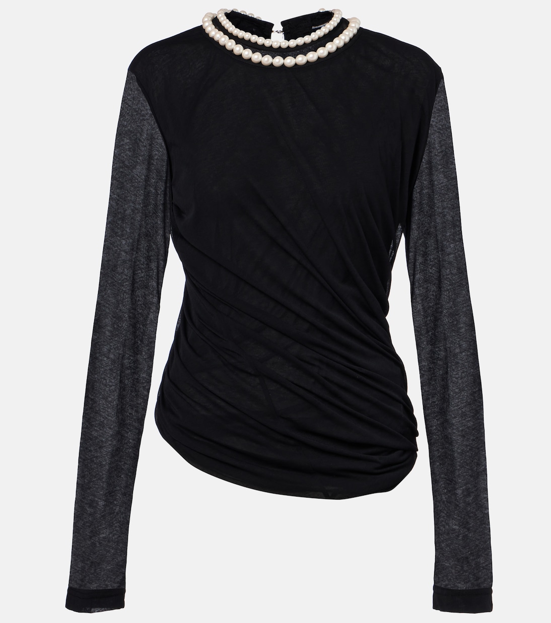 Draped faux pearl-embellished cotton top