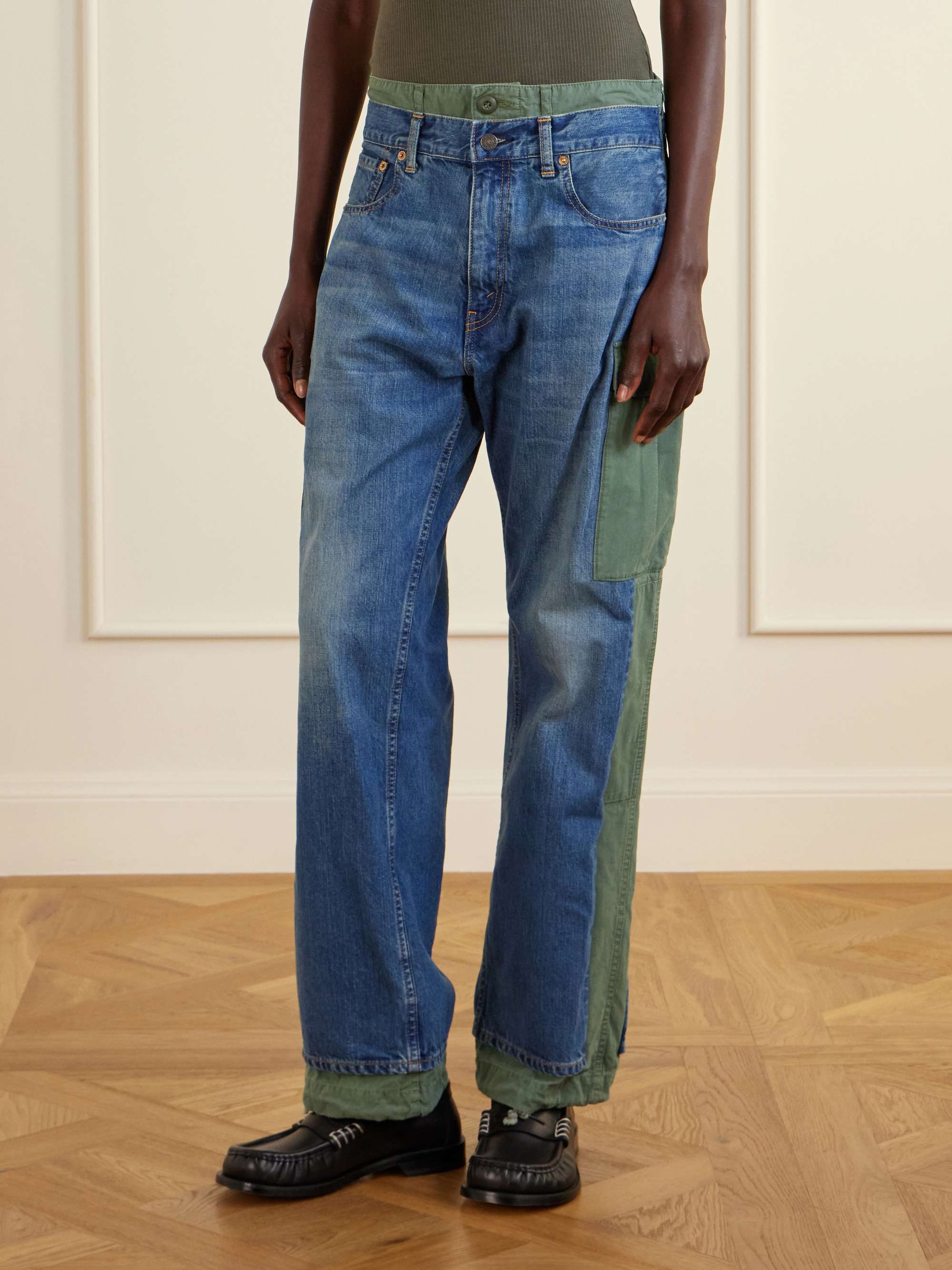 Front worn view emphasizing the relaxed mid-rise line.