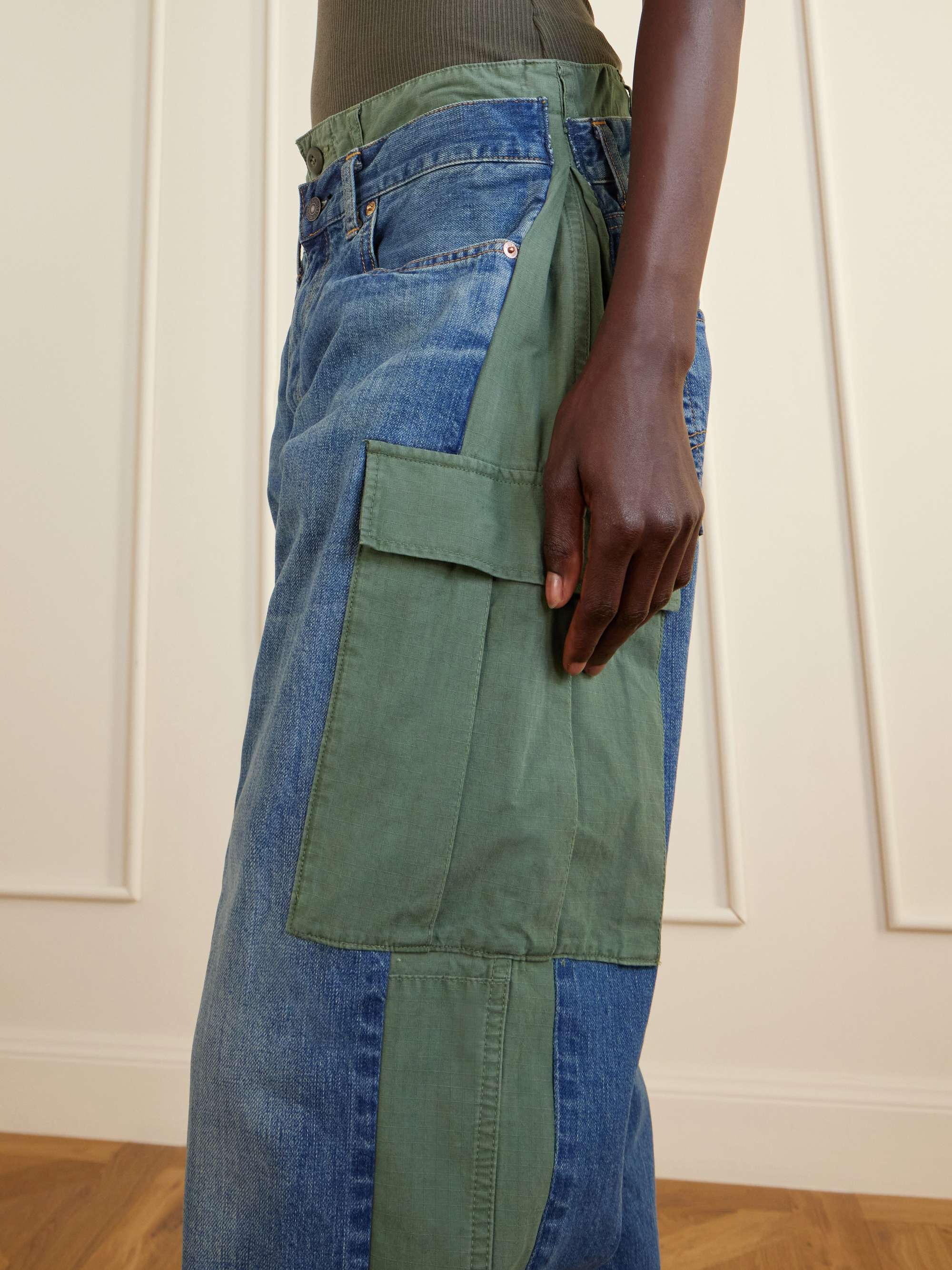 Close detail of the ripstop cargo pocket and side stripe.