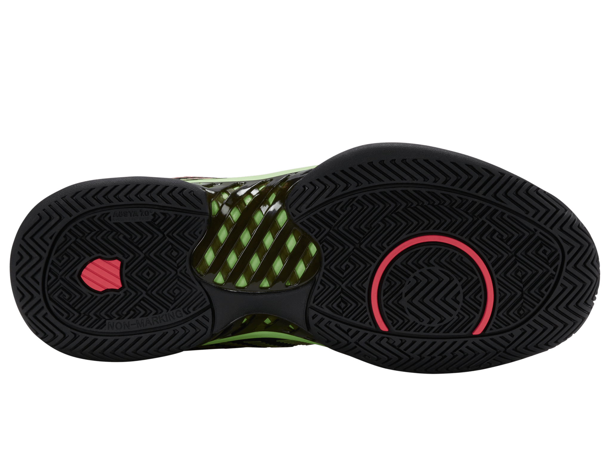 Outsole view highlighting tread and court traction