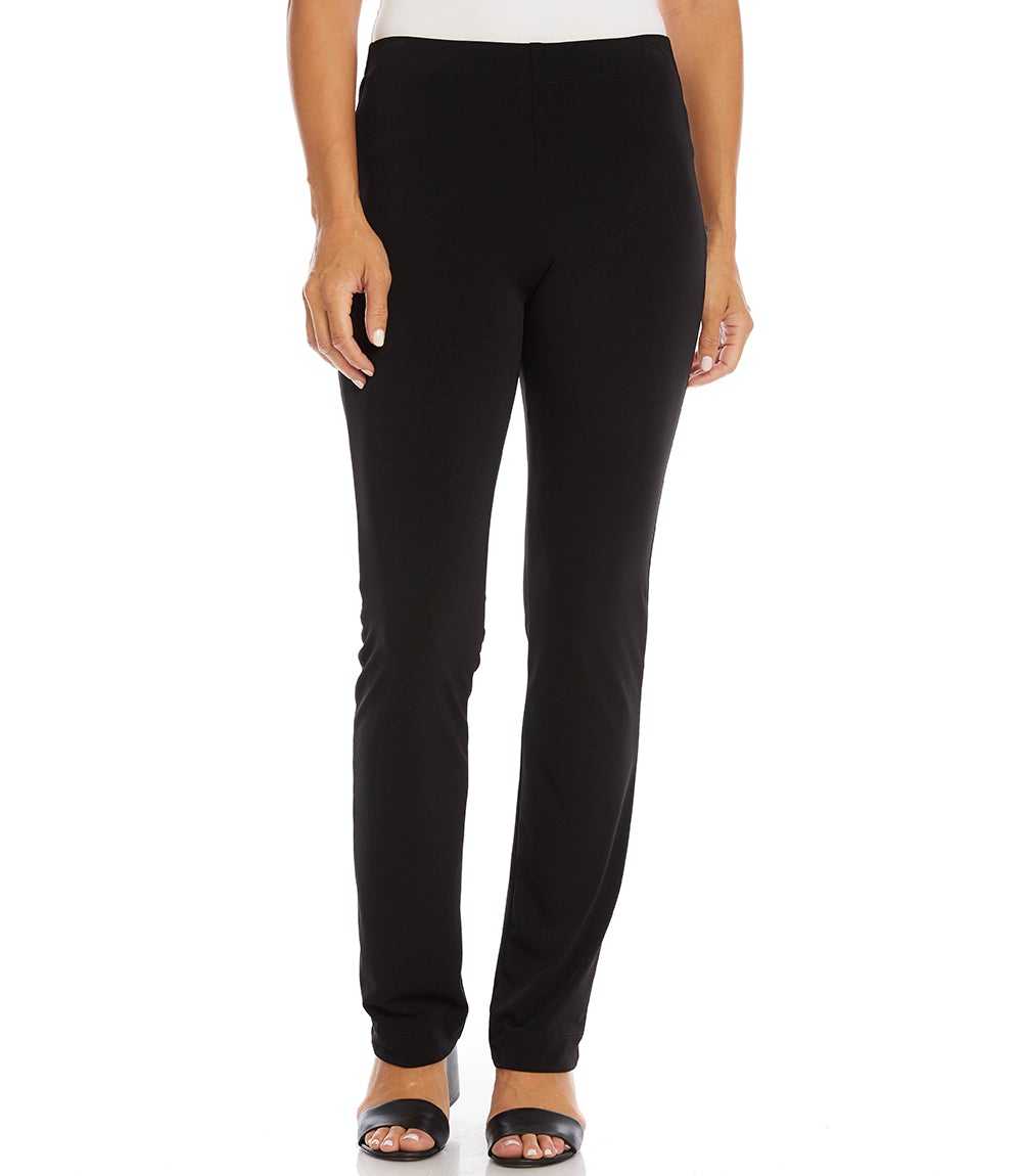 Black wrinkle-resistant travel pants with elastic waistband and straight leg silhouette modeled on a person