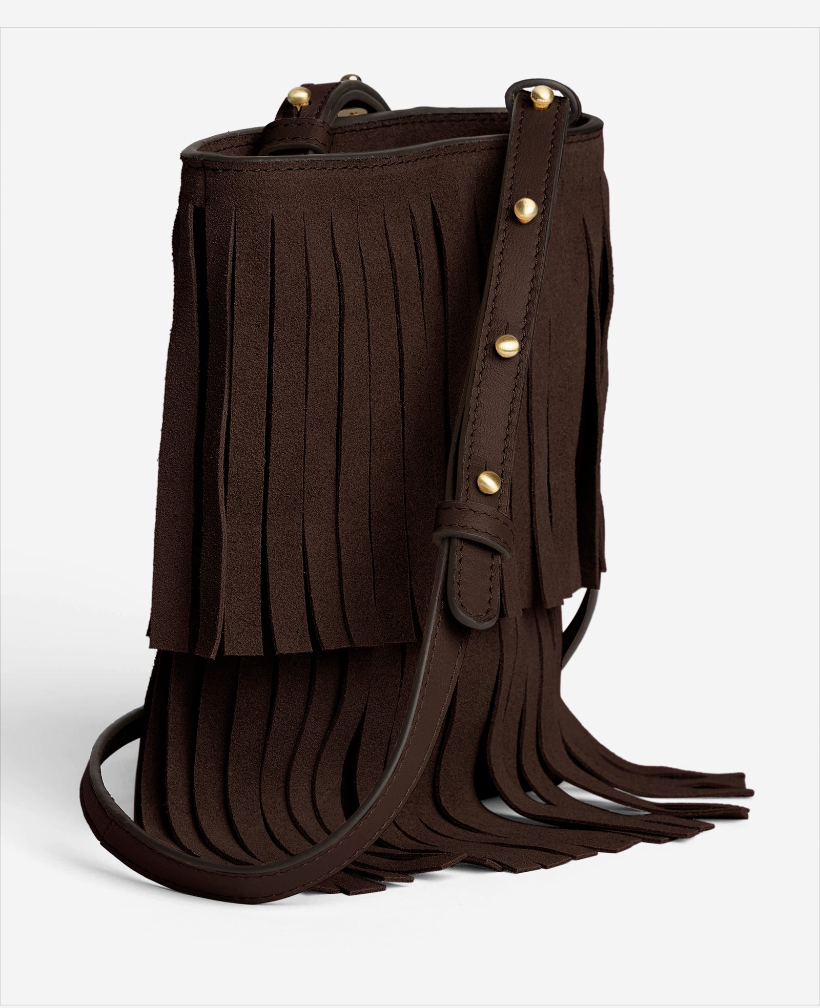 Fringe crossbody three-quarter angle