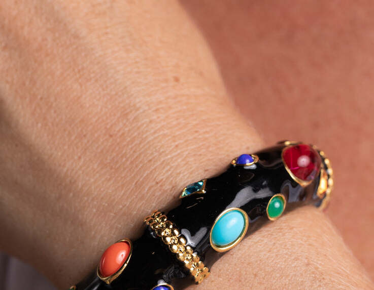 Upper crop isolating the bracelet's gemstone rhythm