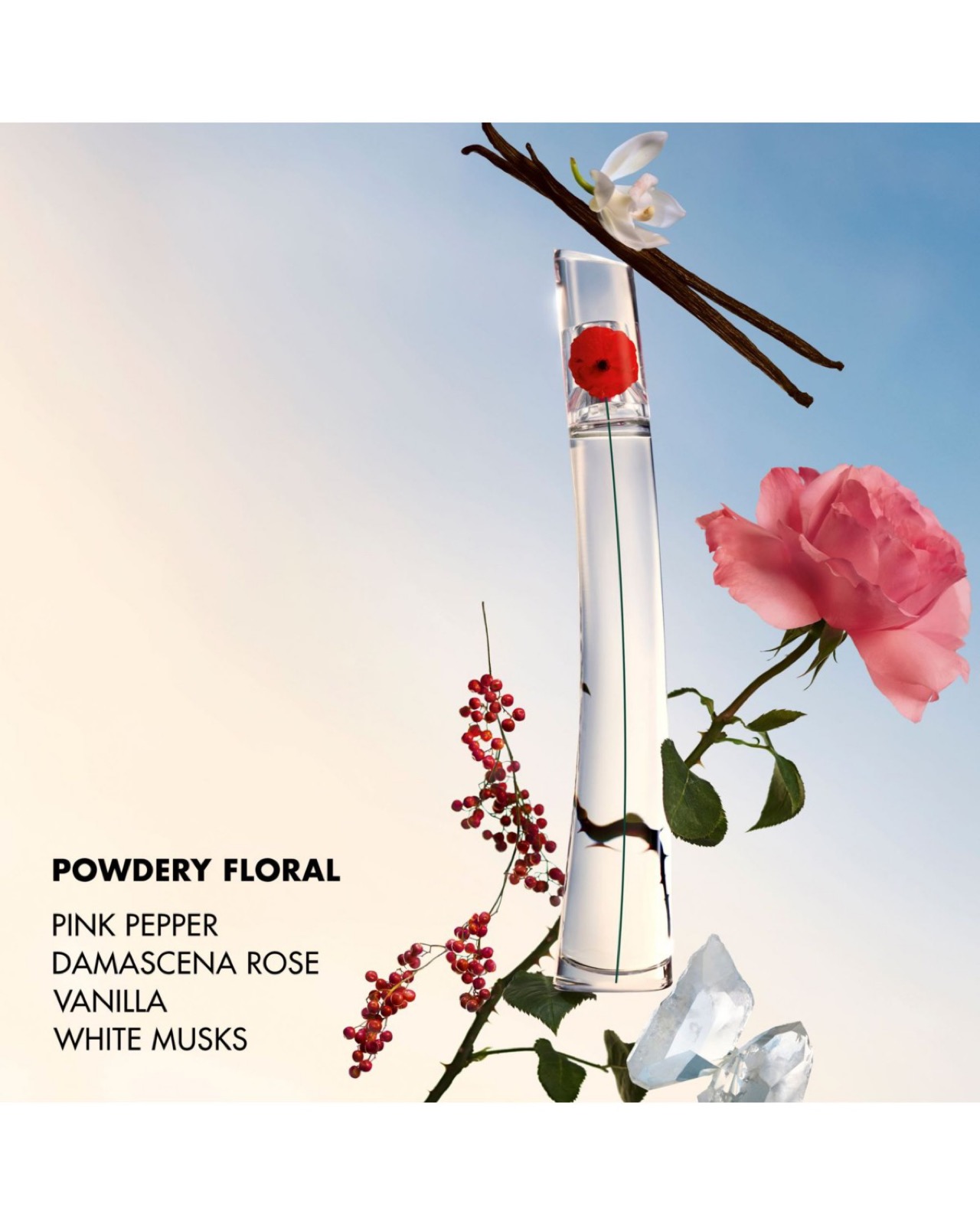 A powdery-floral composition — pink pepper, rose, vanilla, white musks
